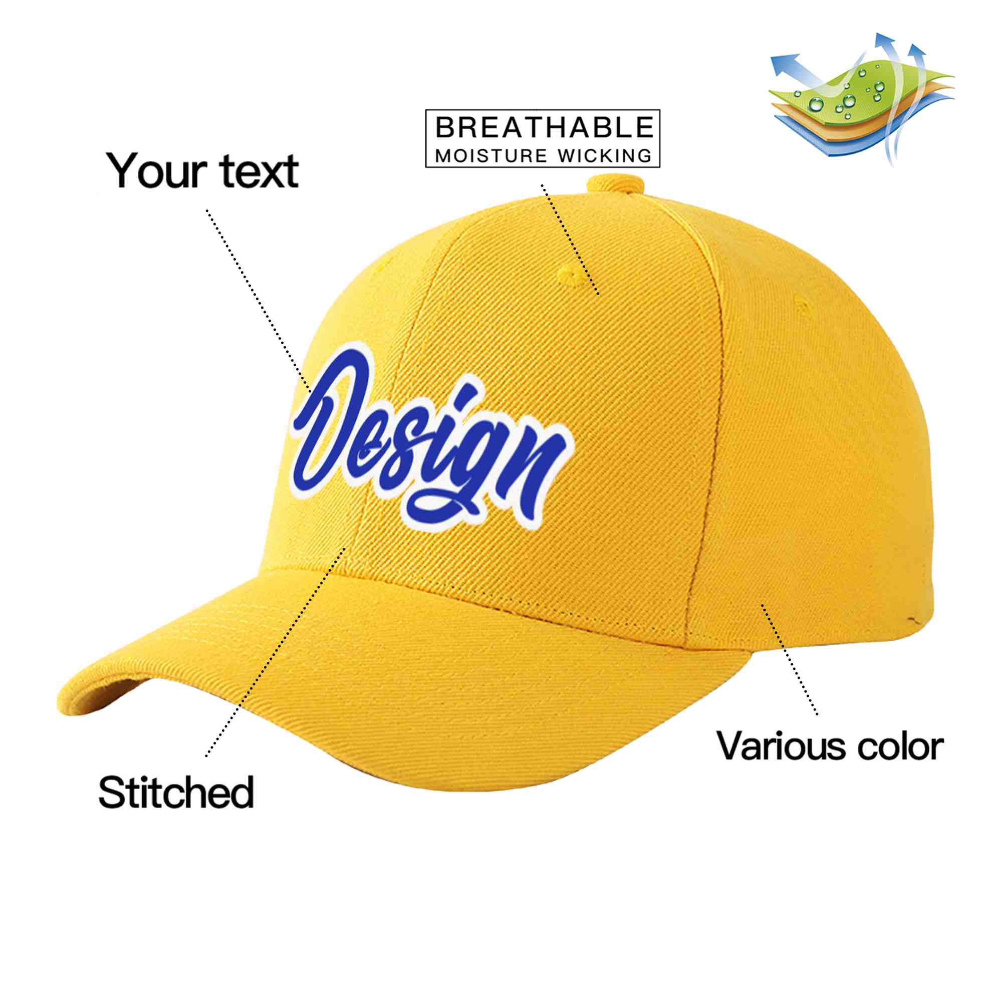 Custom Gold Royal-White Curved Eaves Sport Design Baseball Cap