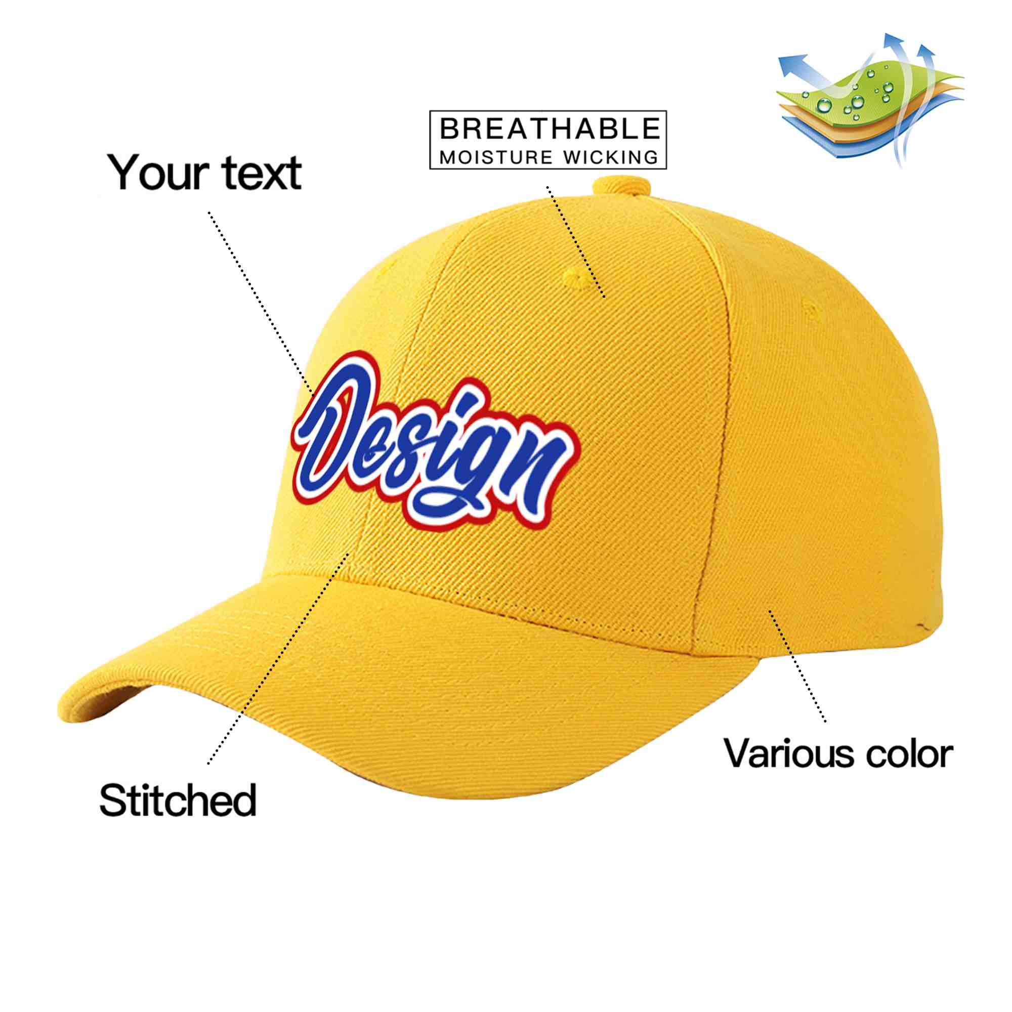 Casquette de baseball personnalisée en or Royal-White Curved Eaves Sport Design