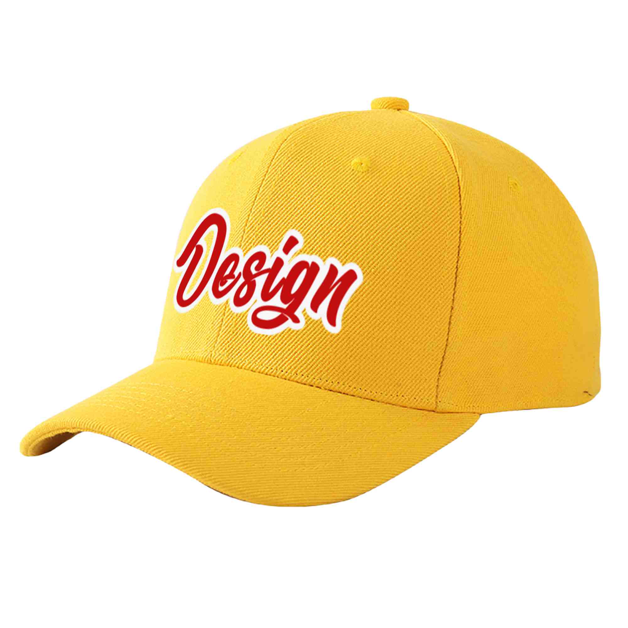 Casquette de baseball personnalisée en or, rouge et blanc, design sportif, avec avant-toit incurvé