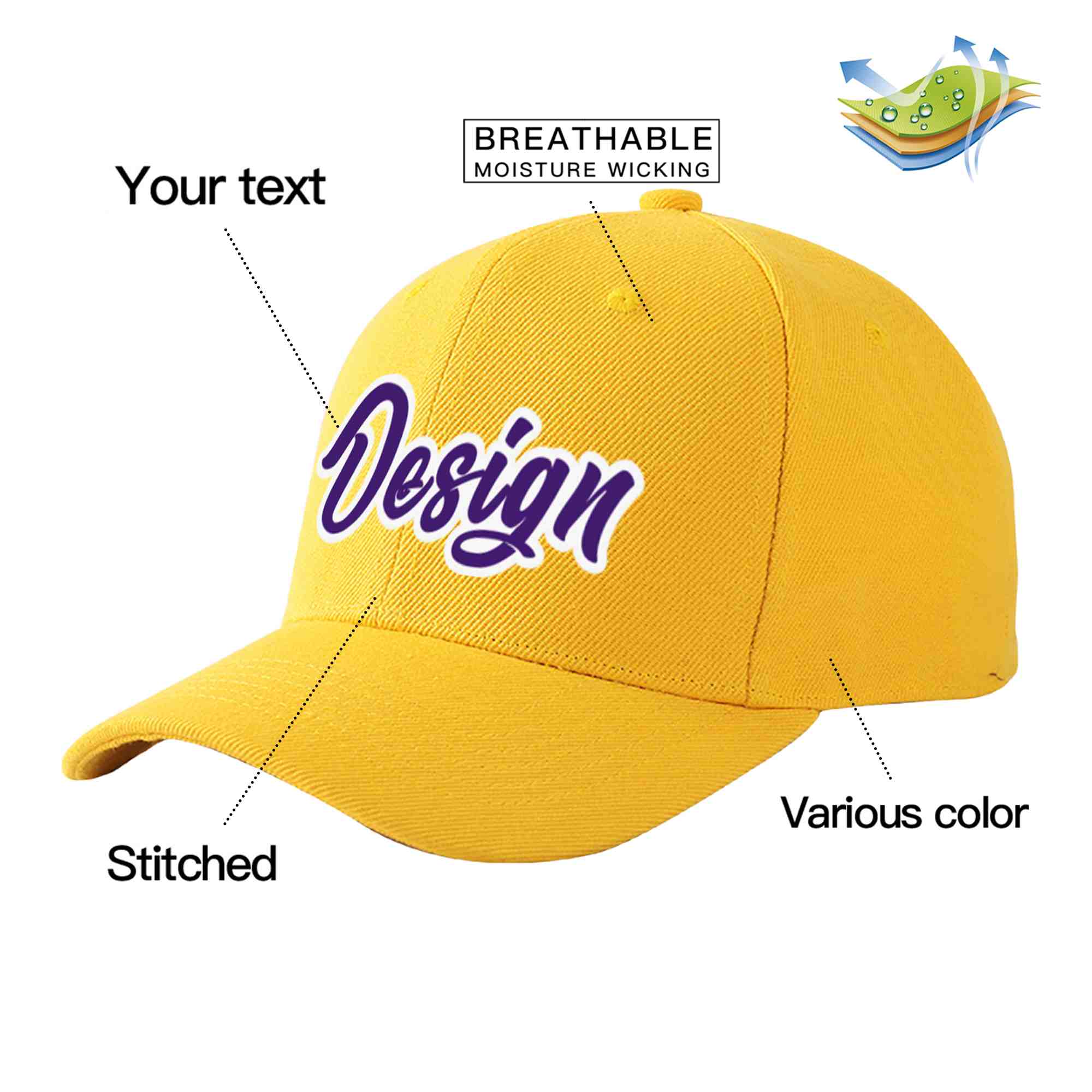 Custom Gold Purple-White Curved Eaves Sport Design Baseball Cap