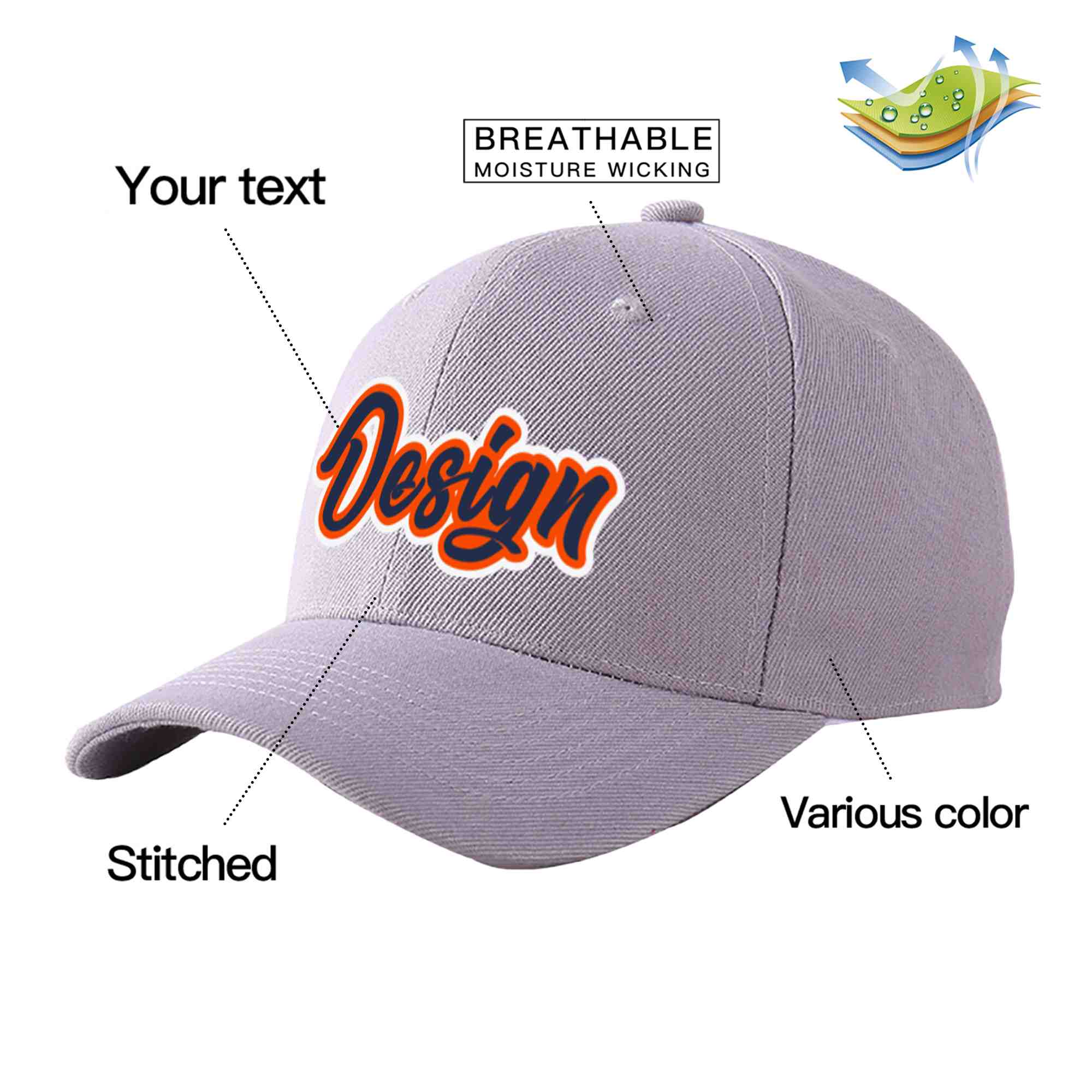 Casquette de baseball courbée Eaves Sport Design personnalisée gris marine-orange