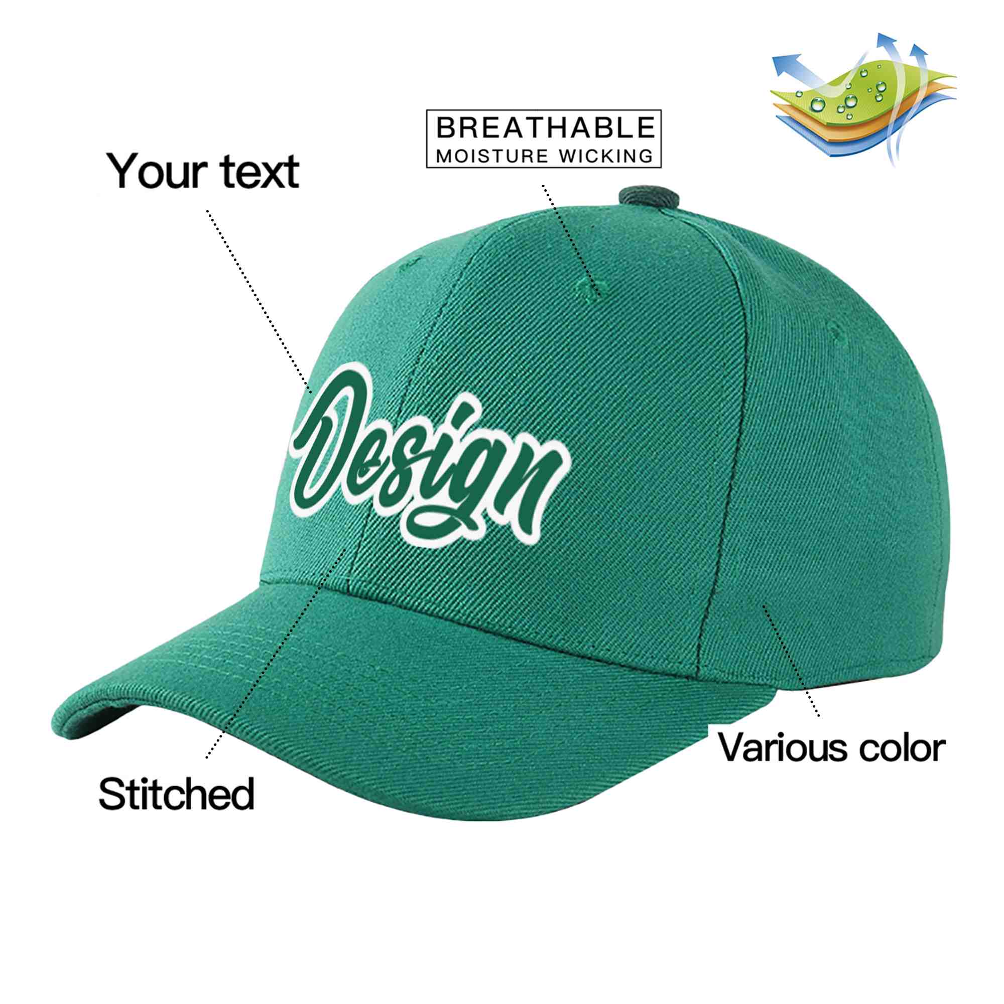 Casquette de baseball incurvée personnalisée vert clair Kelly vert-blanc avec avant-toit