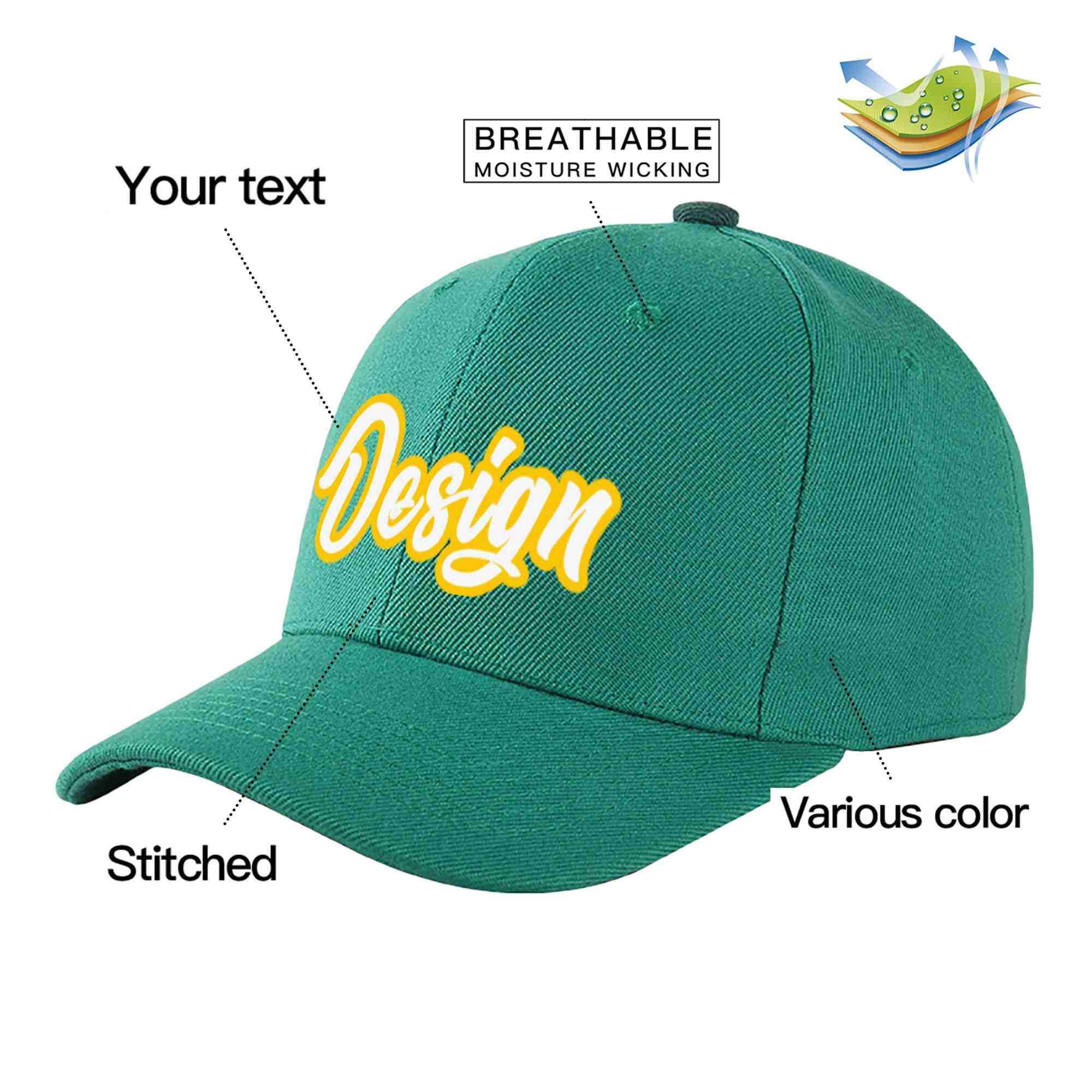 Custom Light Green White-Gold Curved Eaves Sport Design Baseball Cap