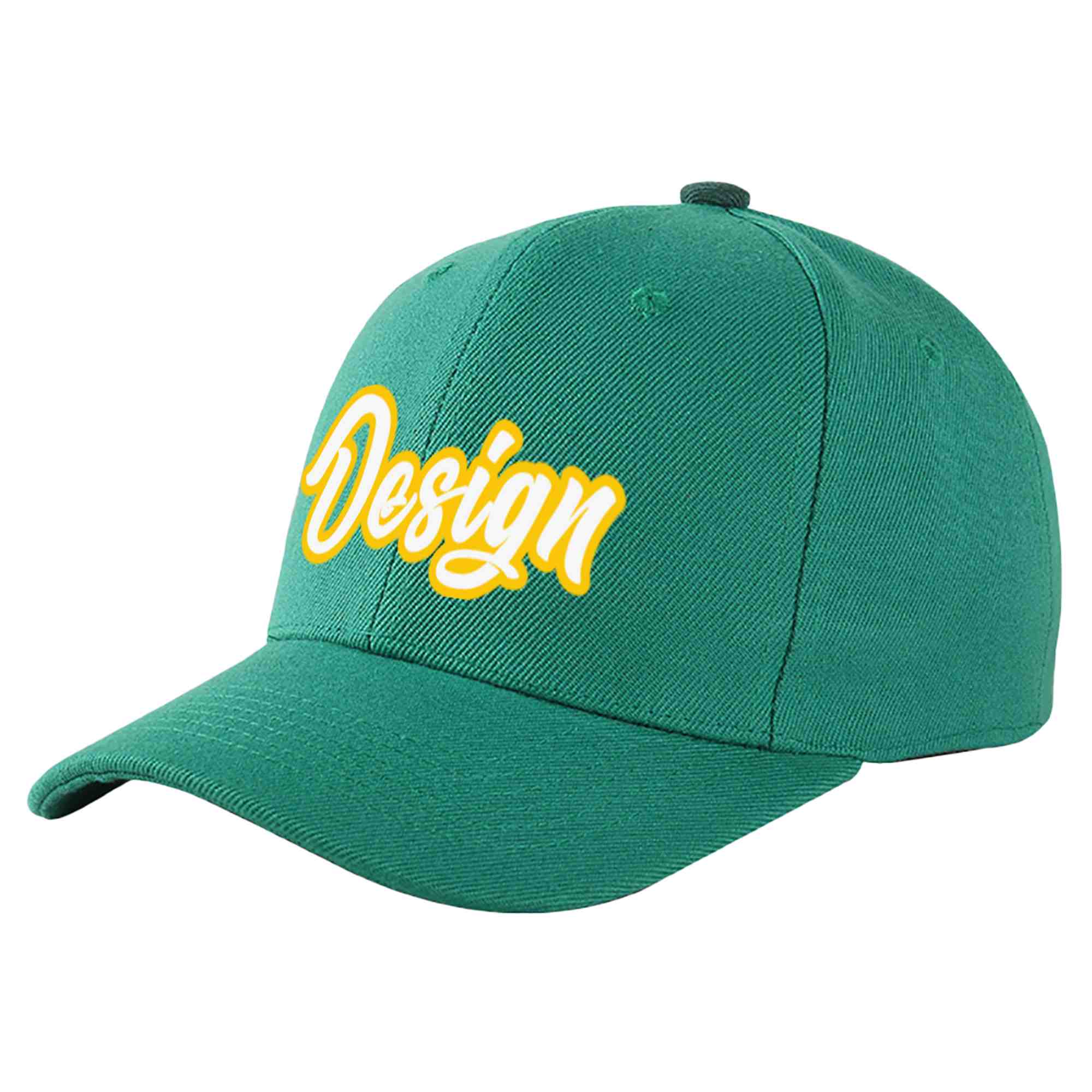 Custom Light Green White-Gold Curved Eaves Sport Design Baseball Cap