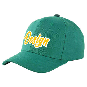 Casquette de baseball personnalisée vert clair, or et blanc, design sportif, avec avant-toit incurvé