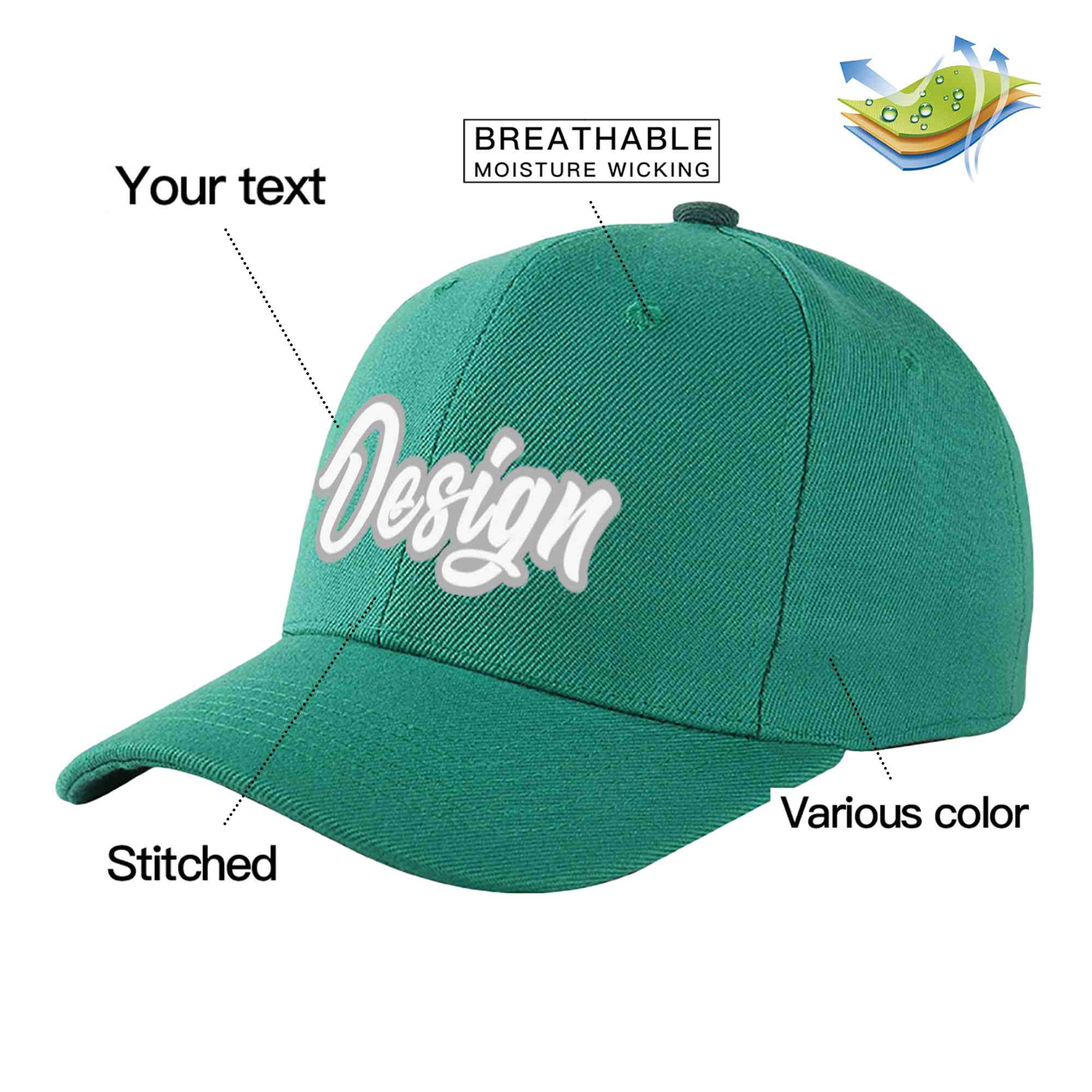 Casquette de baseball incurvée personnalisée vert clair gris-blanc avec avant-toit