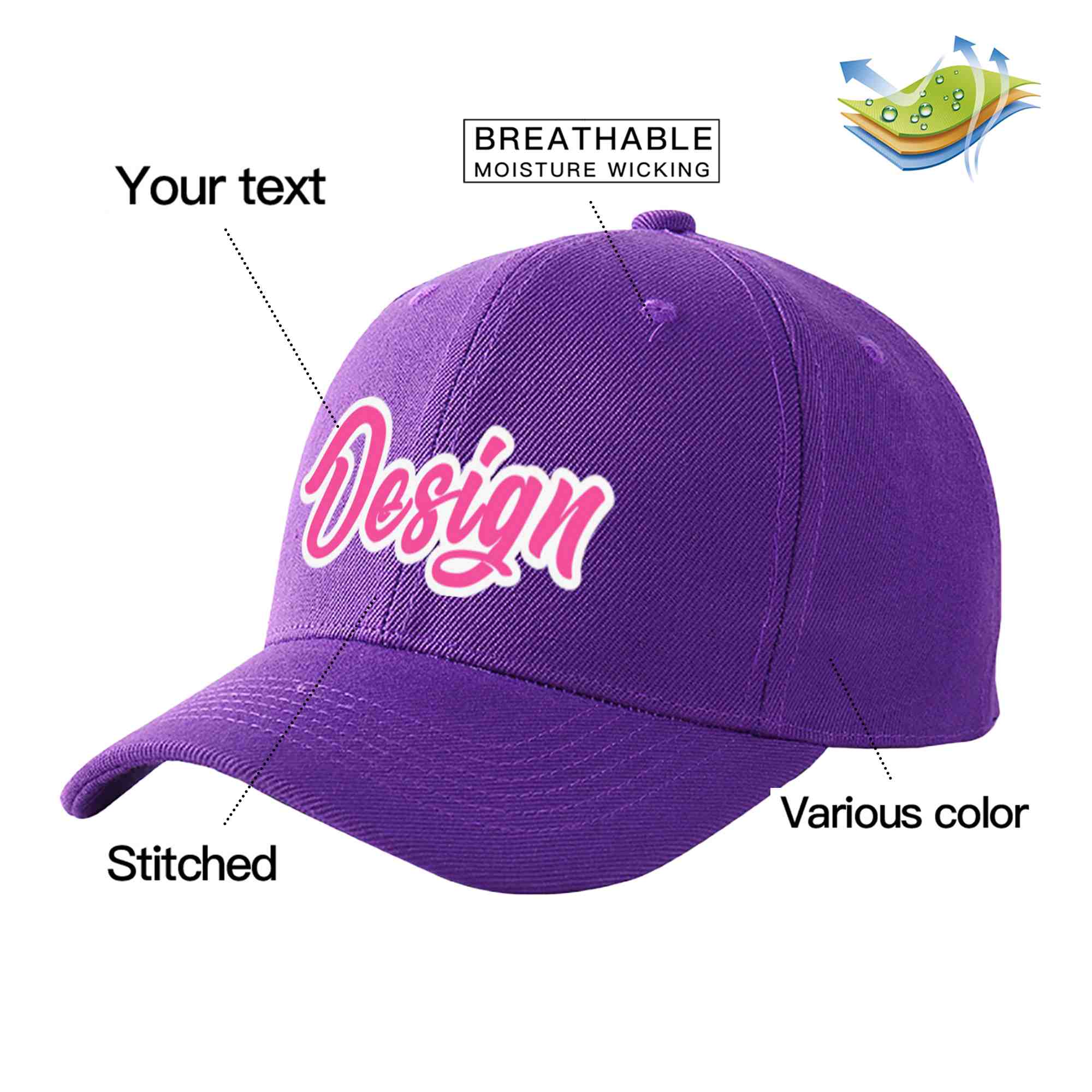 Casquette de baseball incurvée personnalisée violet rose-blanc avec avant-toit