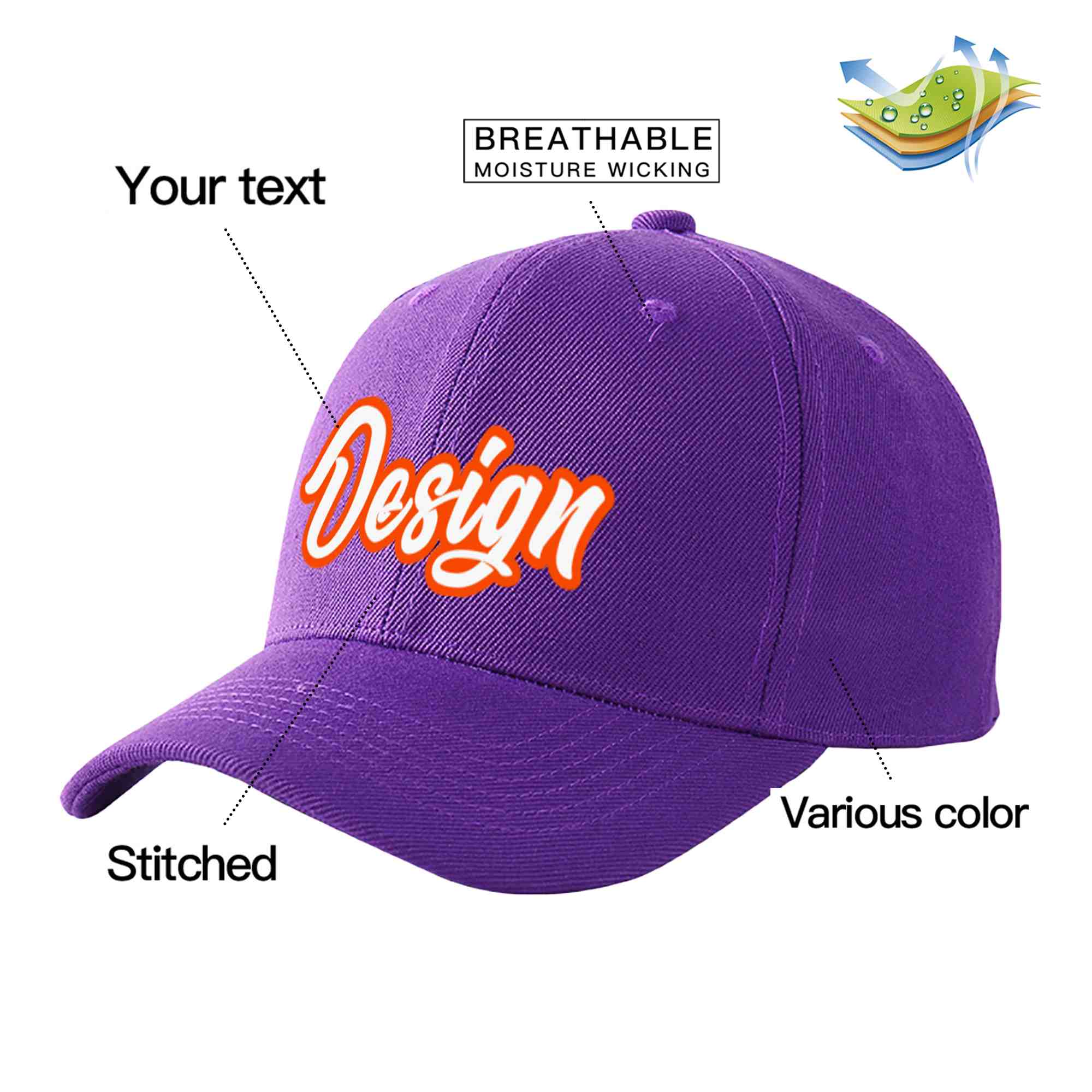 Casquette de baseball personnalisée, violet, blanc et orange, design sportif, avec avant-toit incurvé