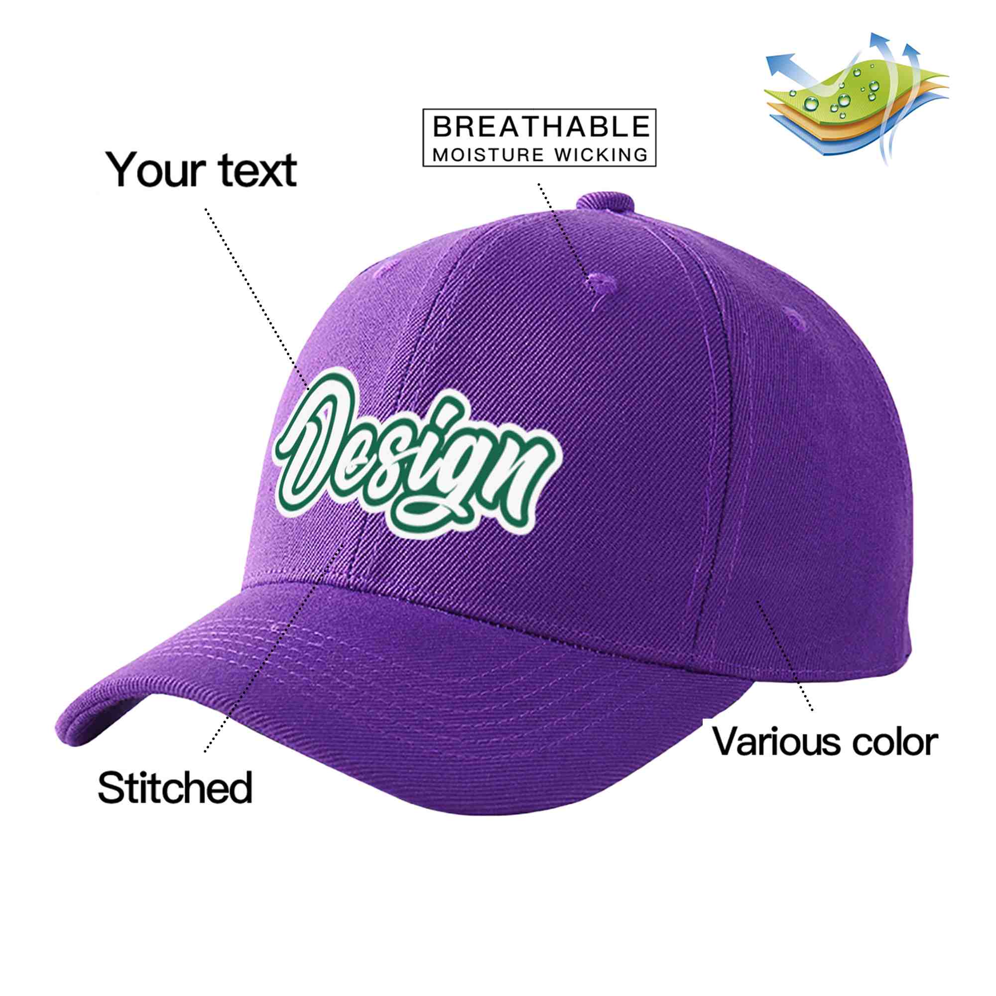 Casquette de baseball personnalisée violet blanc-vert Kelly incurvée Eaves Sport Design