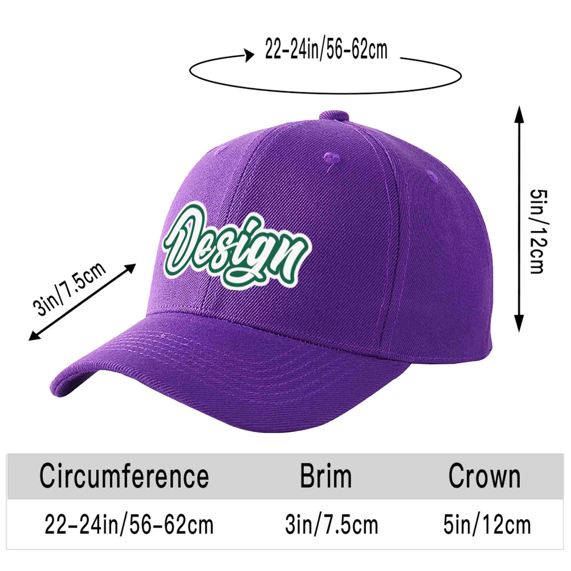 Casquette de baseball personnalisée violet blanc-vert Kelly incurvée Eaves Sport Design