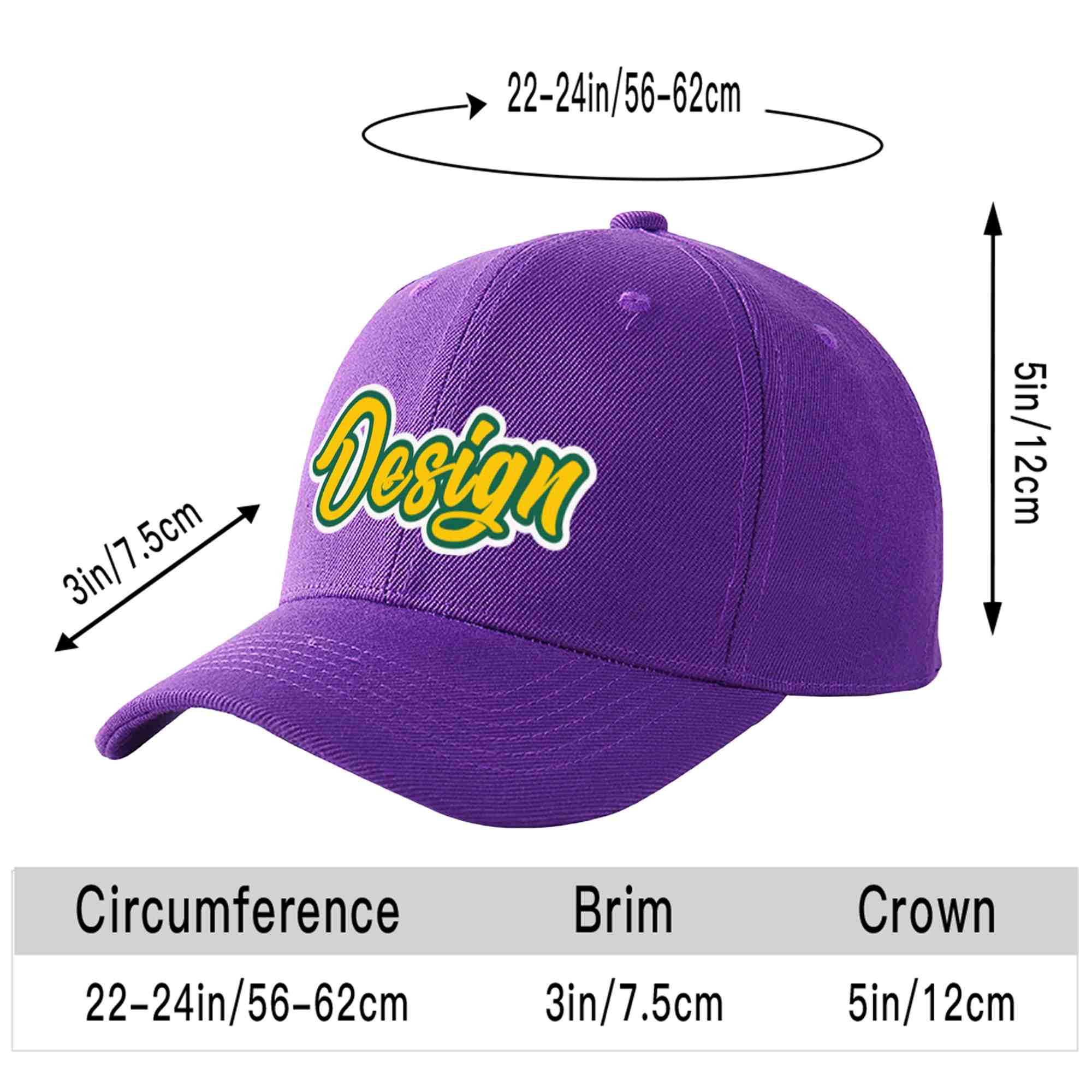 Casquette de baseball personnalisée avec avant-toit incurvé violet doré et vert Kelly