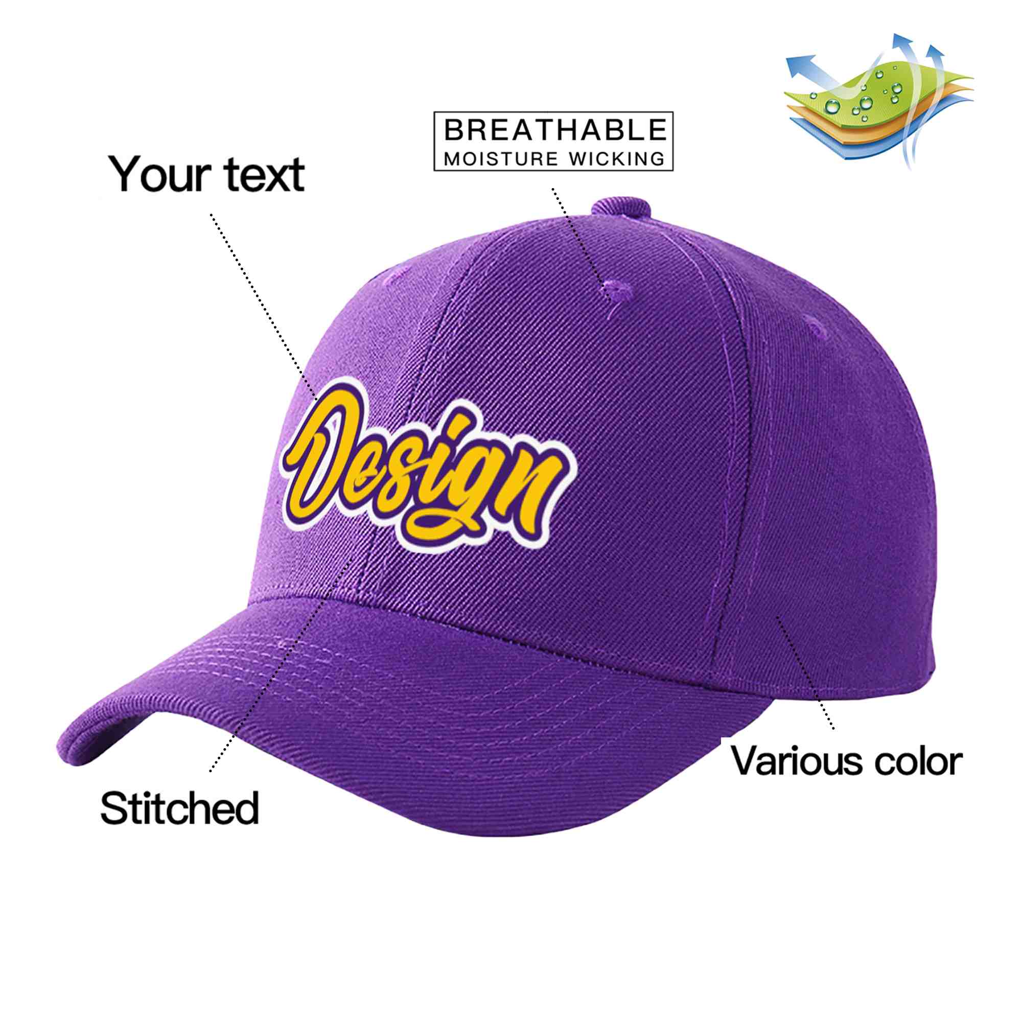 Casquette de baseball personnalisée violet or-violet courbé Eaves Sport Design