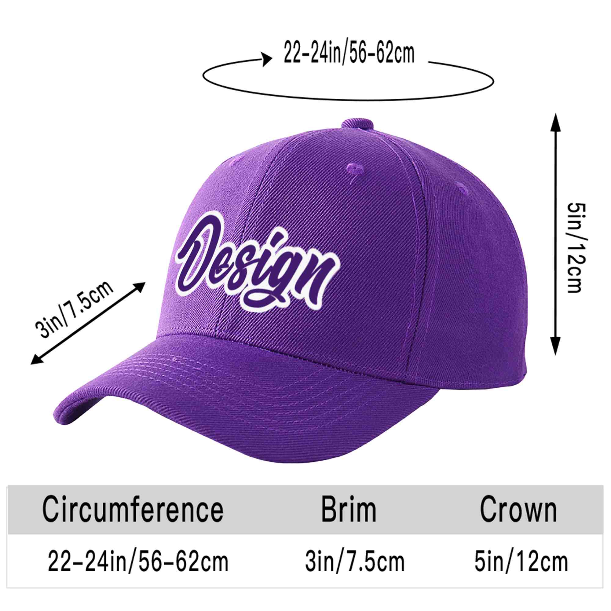 Casquette de baseball personnalisée, violet, violet, blanc, courbée, design sportif