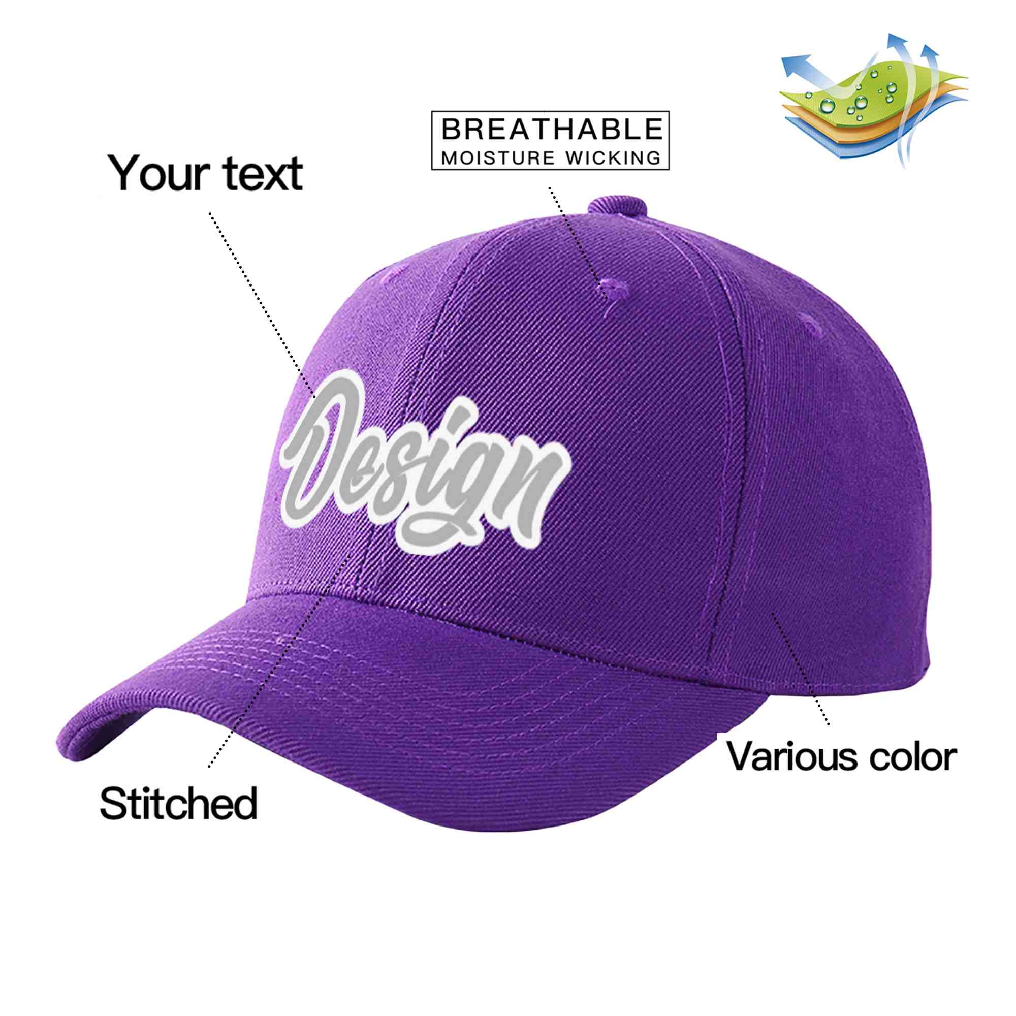 Casquette de baseball personnalisée, violet, gris-blanc, courbée, design sportif