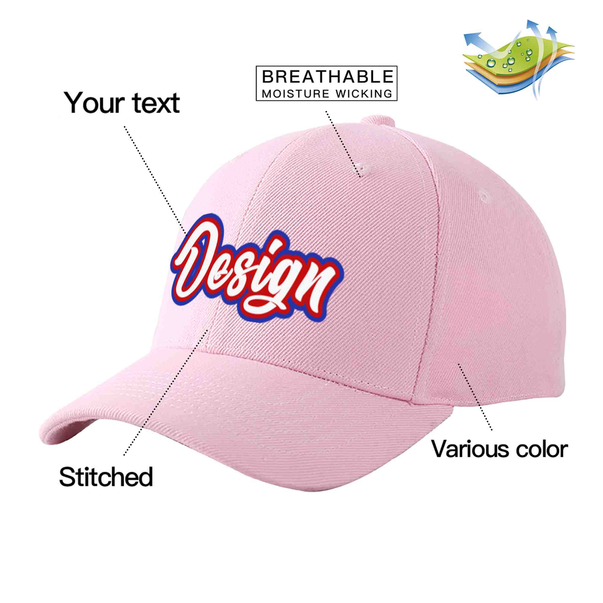 Casquette de baseball personnalisée rose blanc-rouge avec avant-toit incurvé