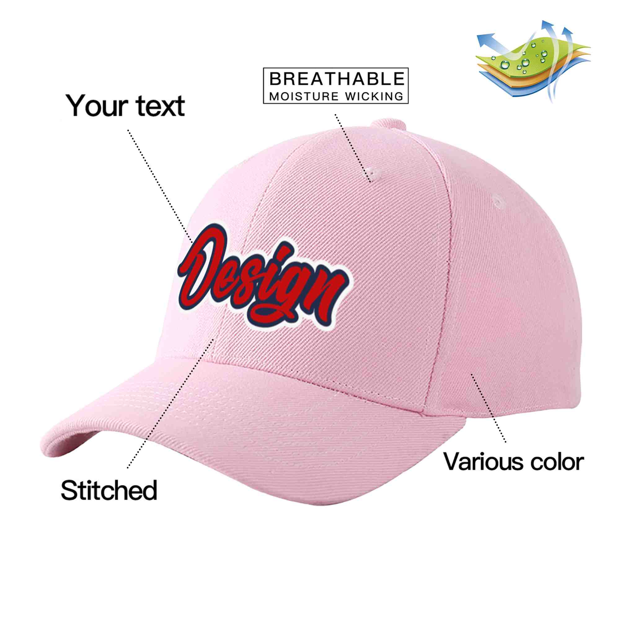 Custom Pink Red-Navy Curved Eaves Sport Design Baseball Cap