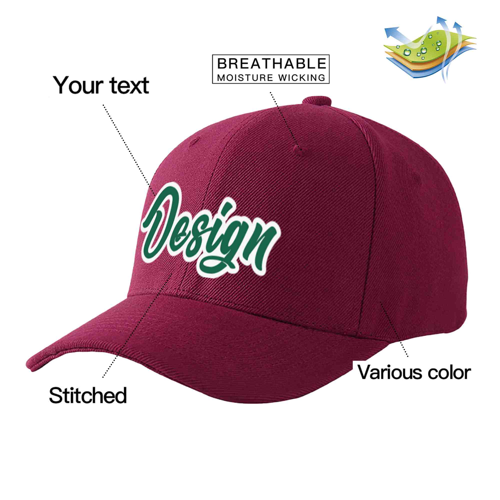 Custom Red Wine Kelly Green-White Curved Eaves Sport Design Baseball Cap