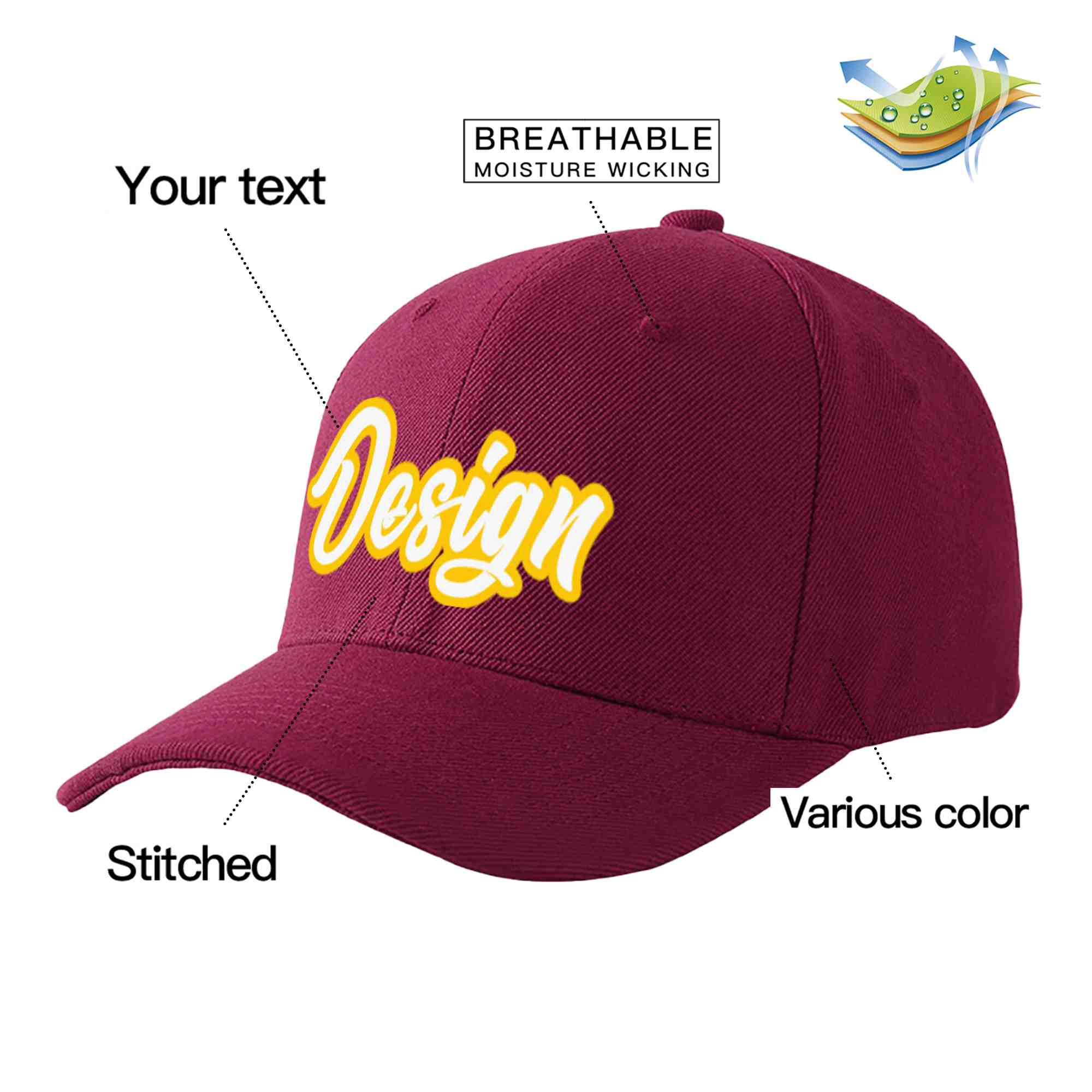 Custom Red Wine White-Gold Curved Eaves Sport Design Baseball Cap