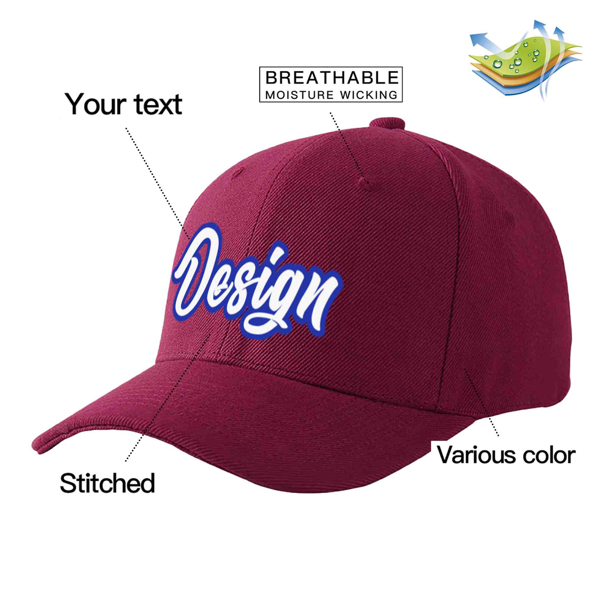 Custom Red Wine White-Royal Curved Eaves Sport Design Baseball Cap