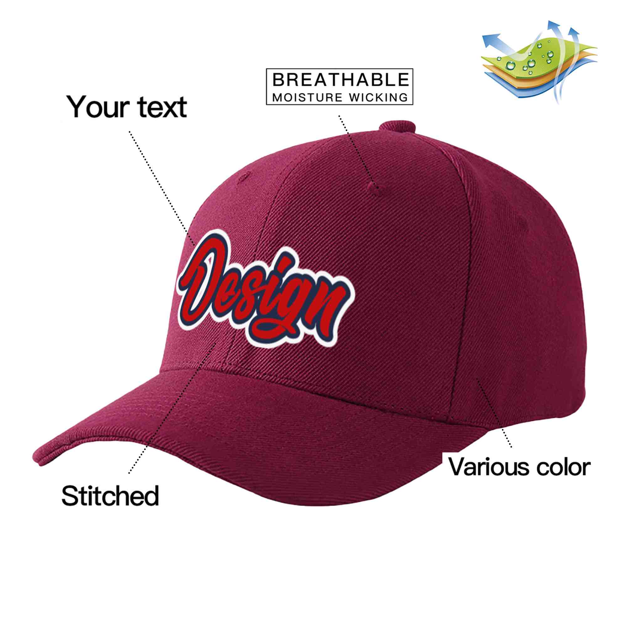 Custom Red Wine Red-Navy Curved Eaves Sport Design Baseball Cap