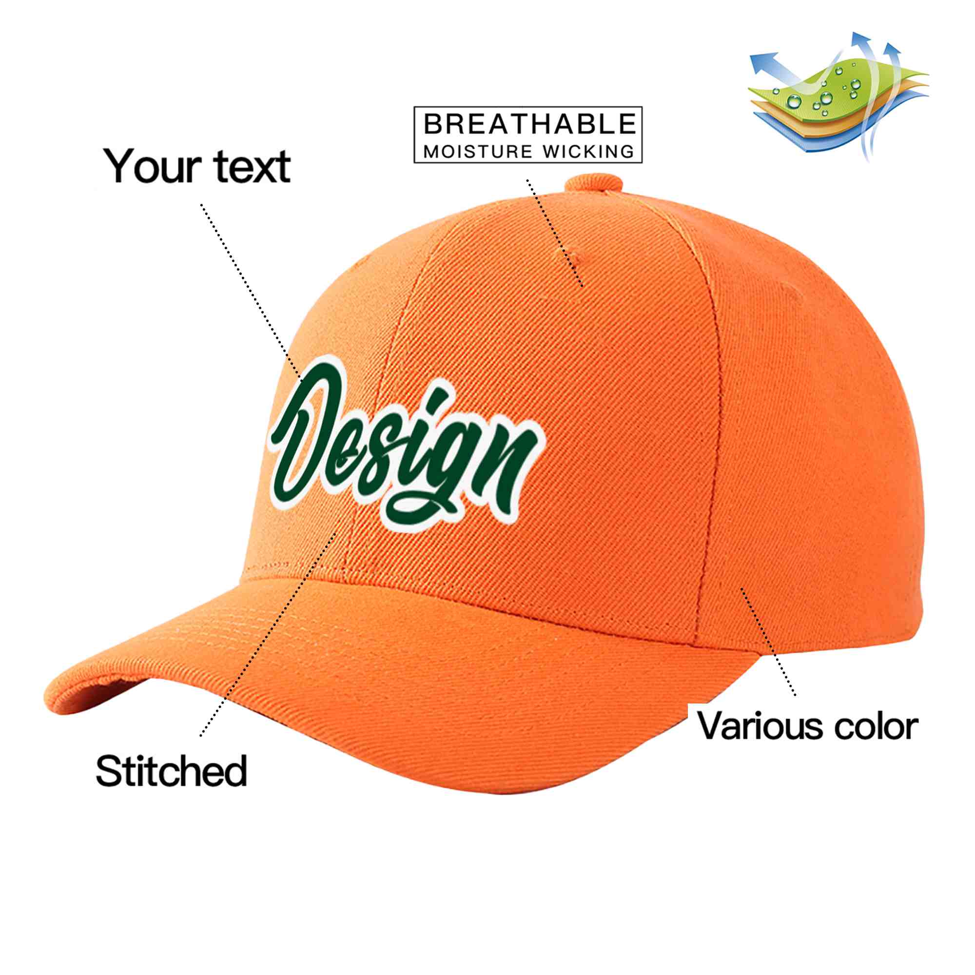 Custom Orange Green-White Curved Eaves Sport Design Baseball Cap