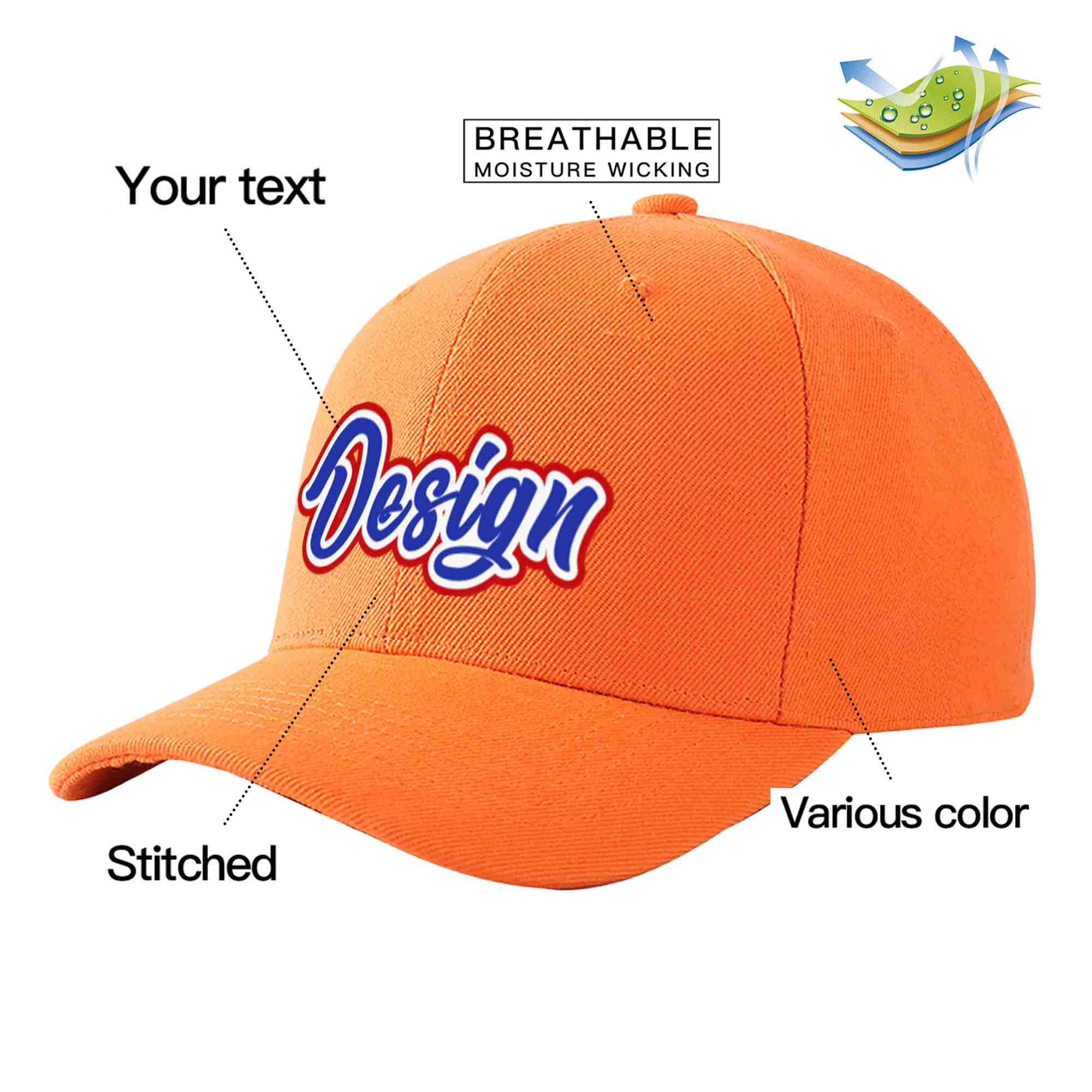 Custom Orange Royal-White Curved Eaves Sport Design Baseball Cap