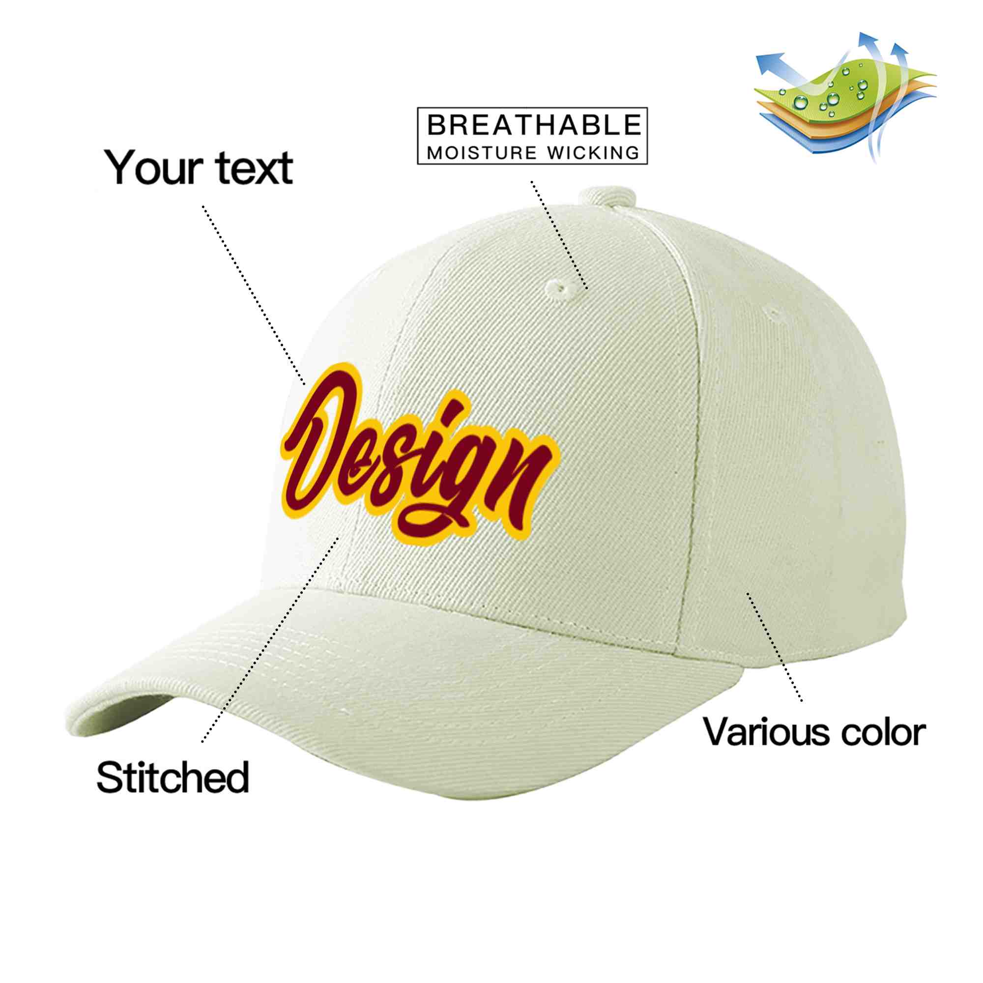 Casquette de baseball incurvée personnalisée crème cramoisi-or avec avant-toit