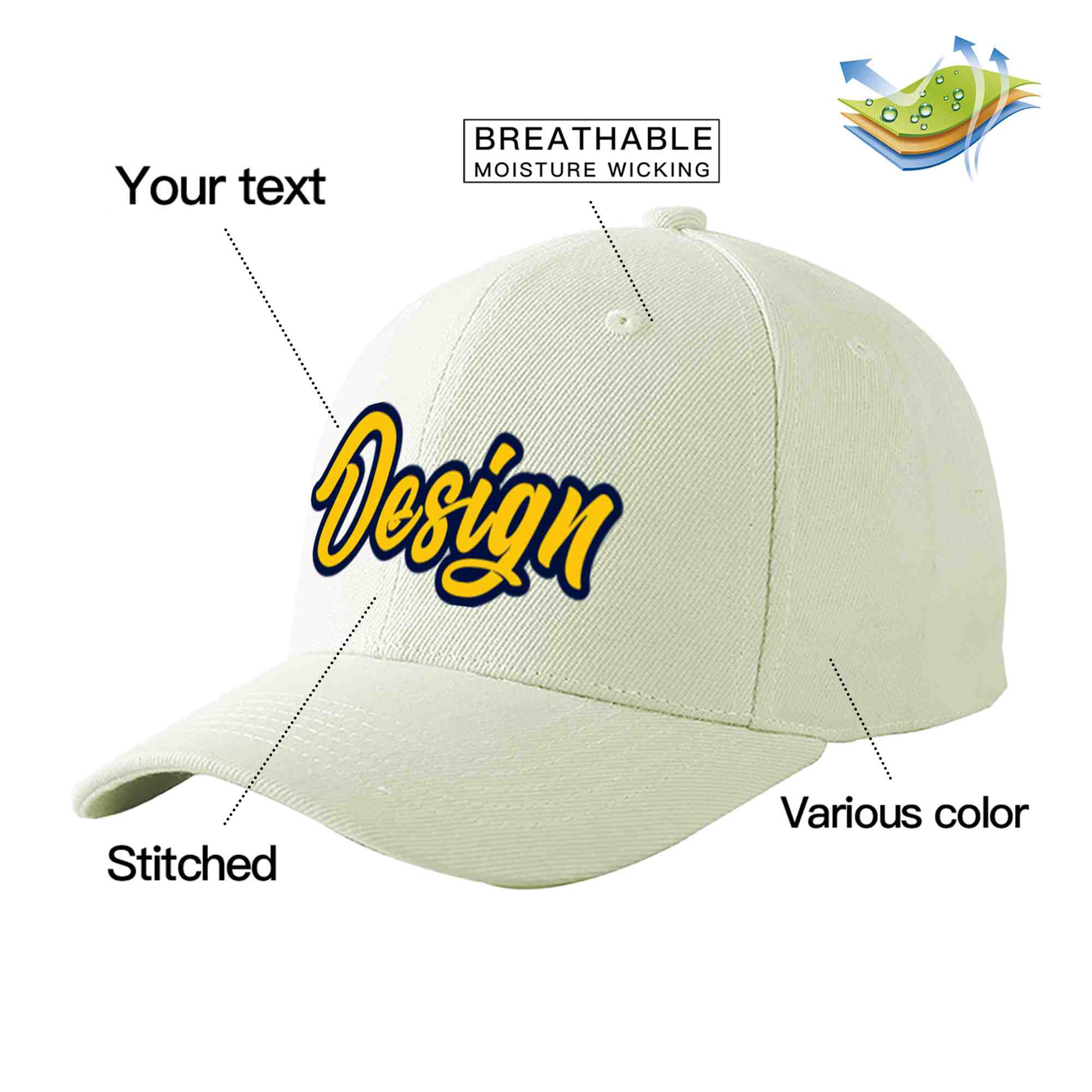 Custom Cream Gold-Navy Curved Eaves Sport Design Baseball Cap