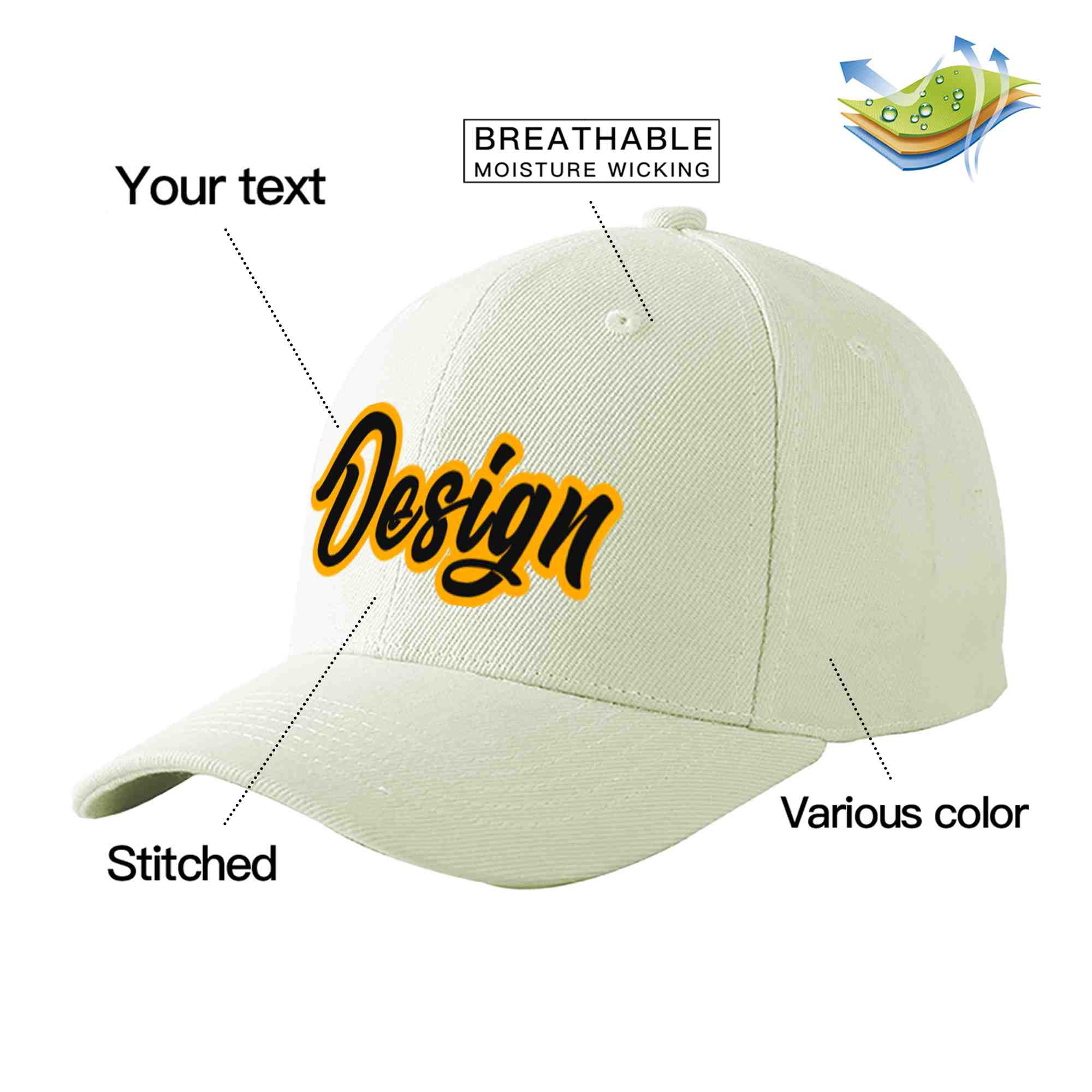 Custom Cream Black-Yellow Curved Eaves Sport Design Baseball Cap