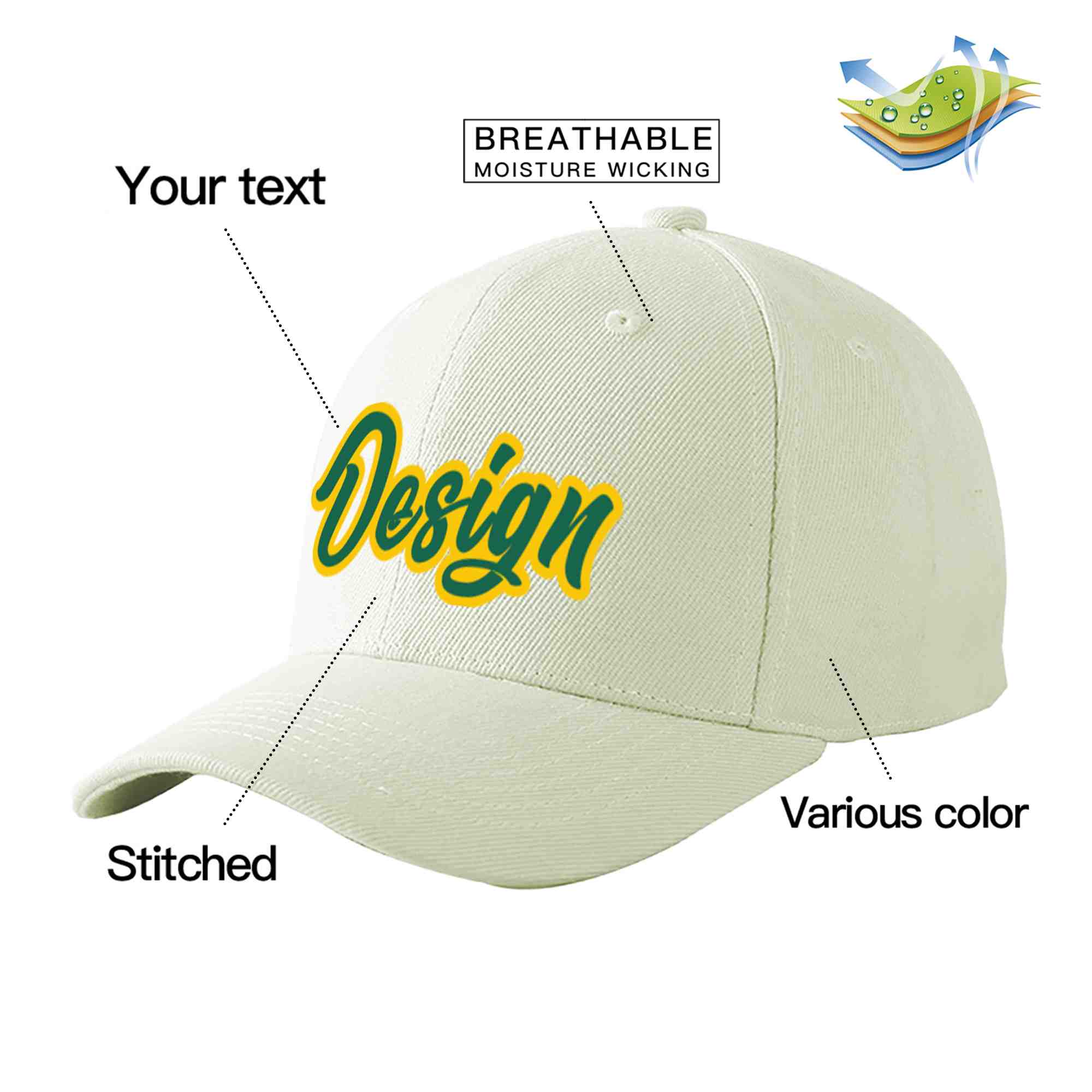 Custom Cream Kelly Green-Gold Curved Eaves Sport Design Baseball Cap