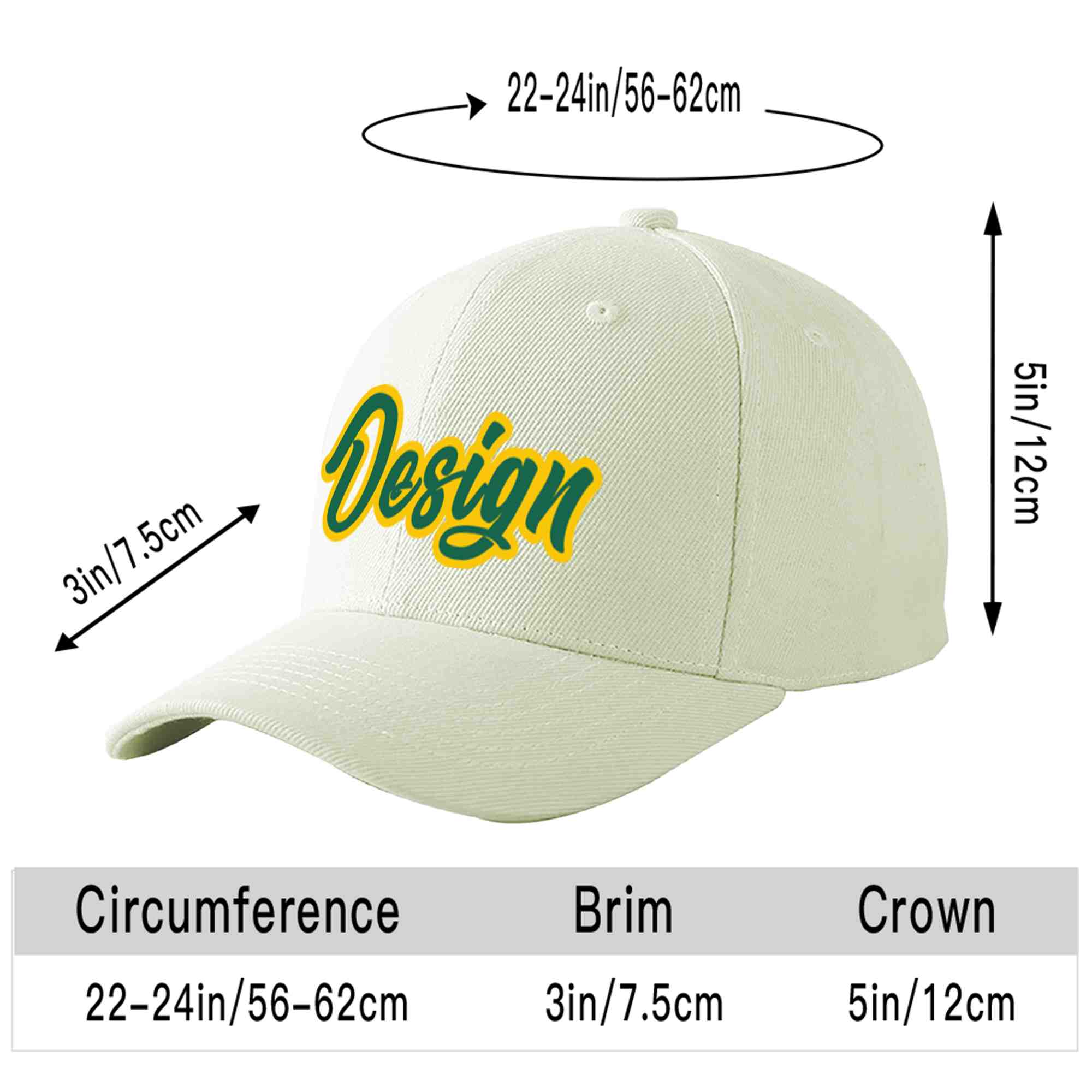 Casquette de baseball personnalisée crème Kelly vert-or courbée Eaves Sport Design