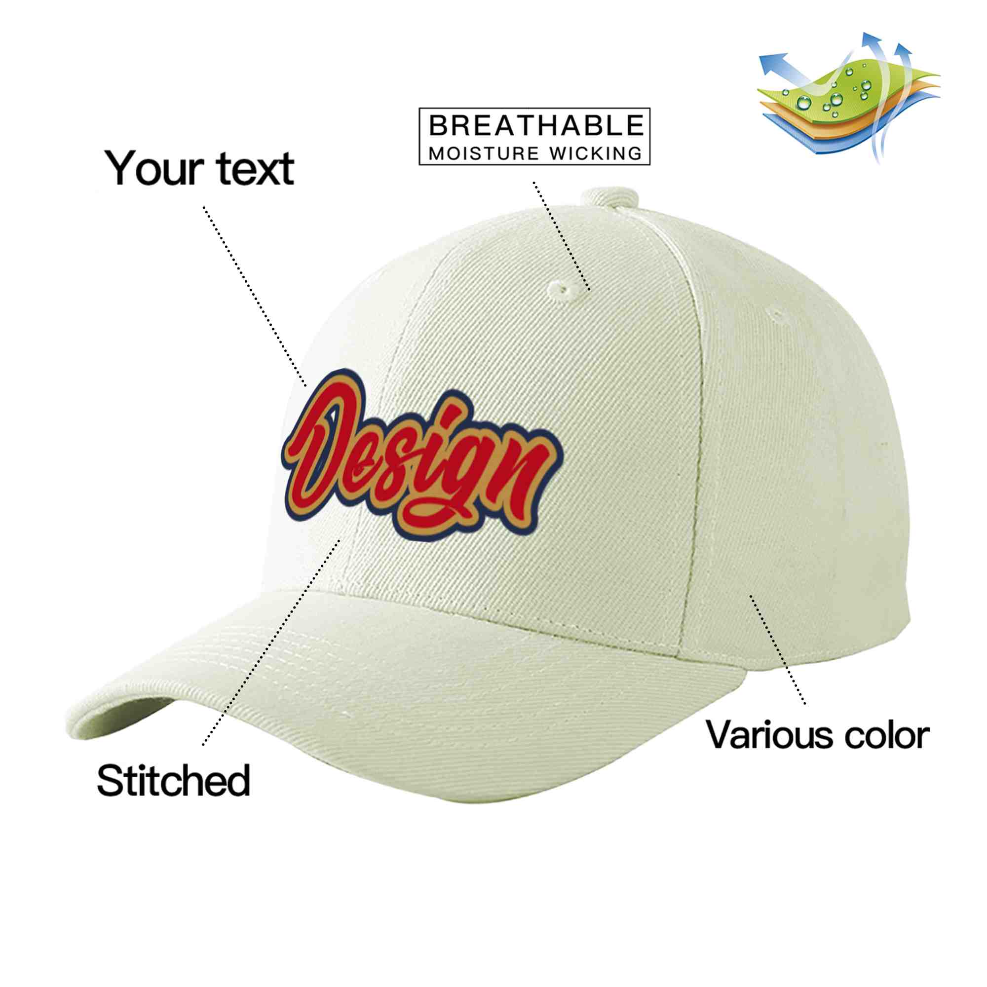 Custom Cream Red-Old Gold Curved Eaves Sport Design Baseball Cap