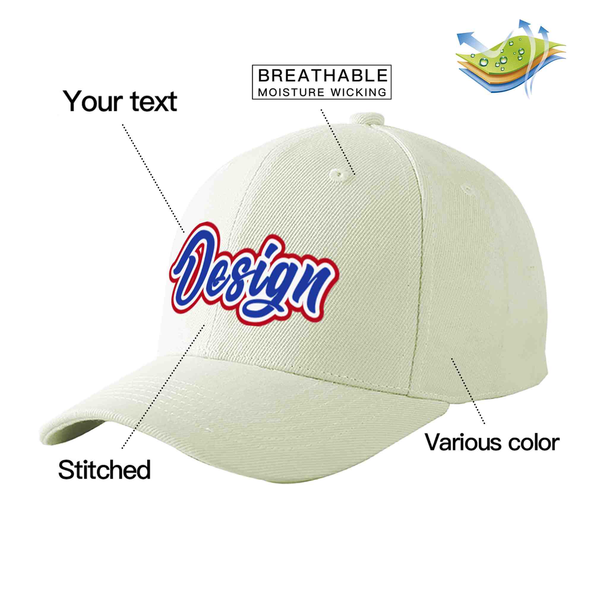 Custom Cream Royal-White Curved Eaves Sport Design Baseball Cap