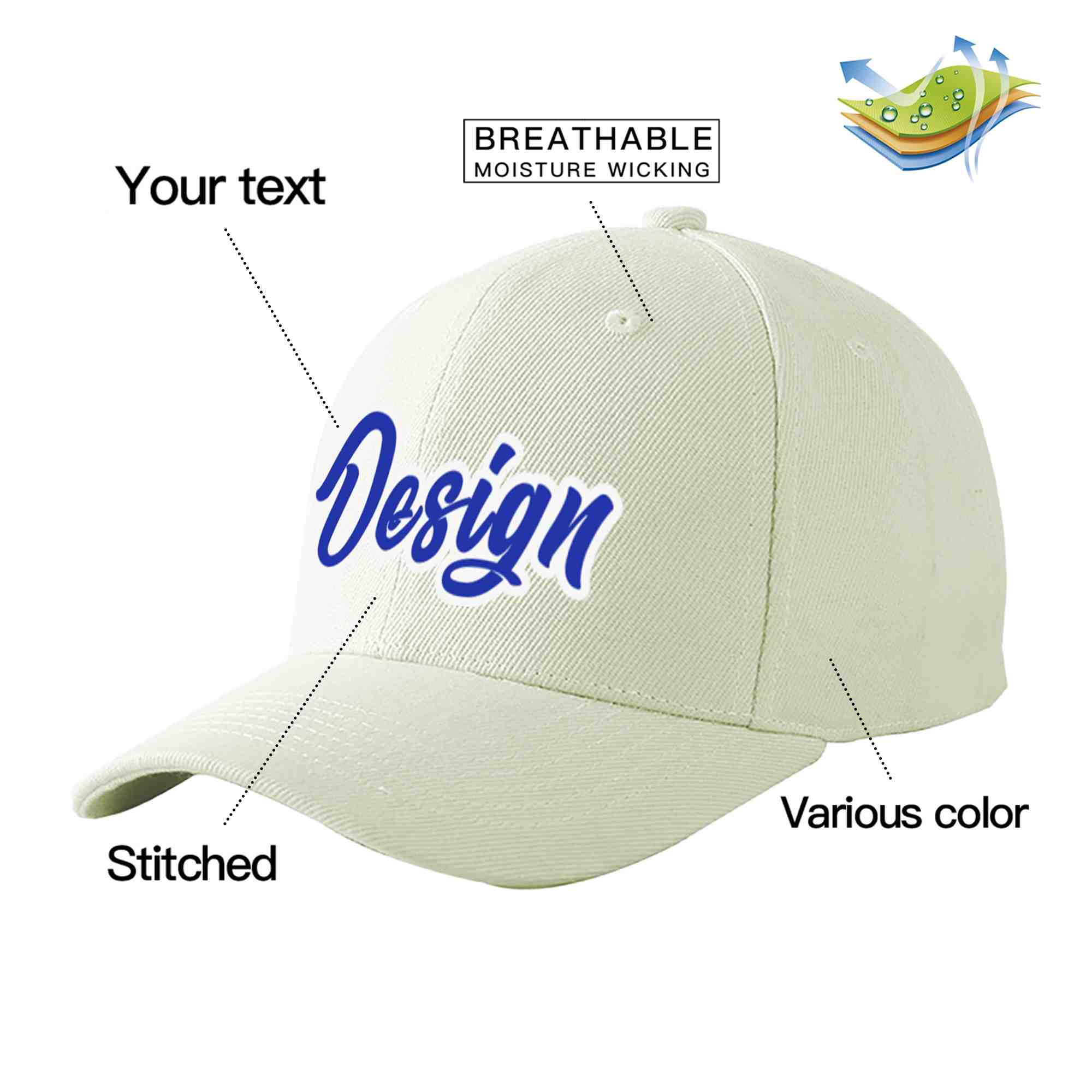 Custom Cream Royal-White Curved Eaves Sport Design Baseball Cap