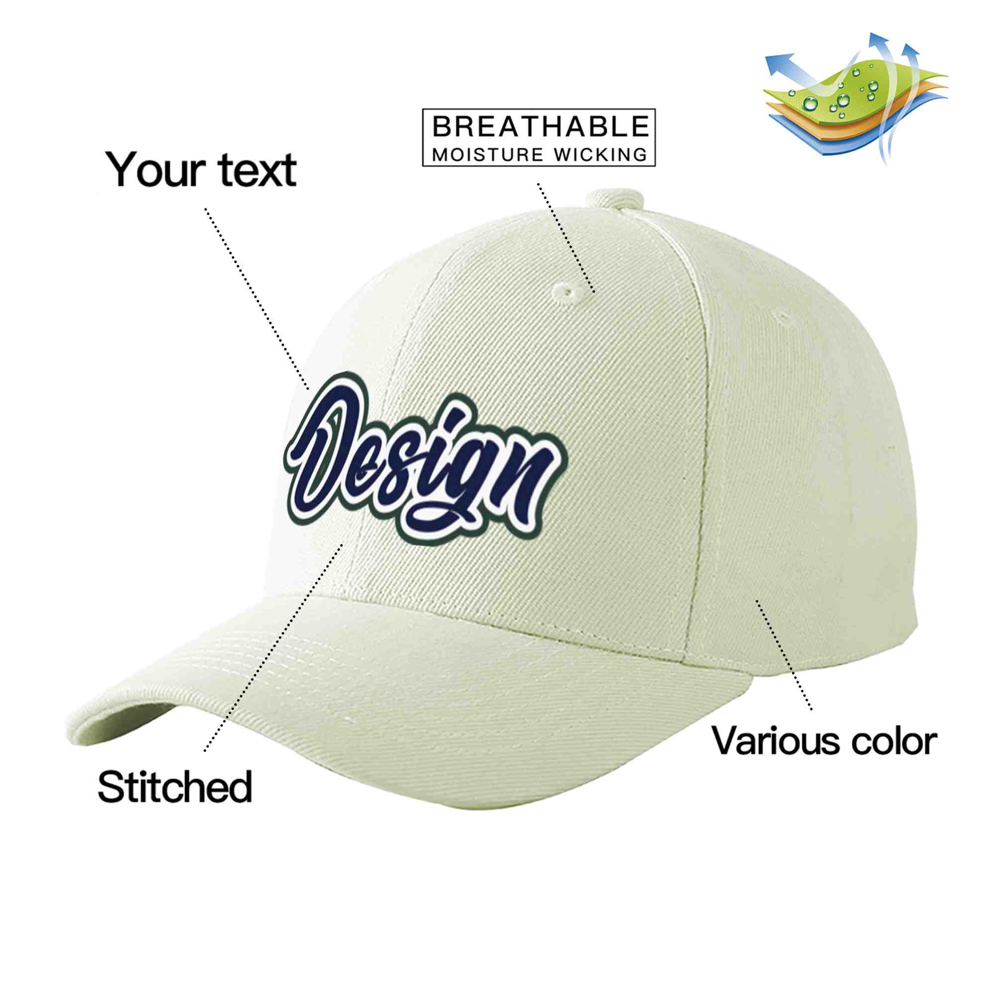 Custom Cream Navy-White Curved Eaves Sport Design Baseball Cap