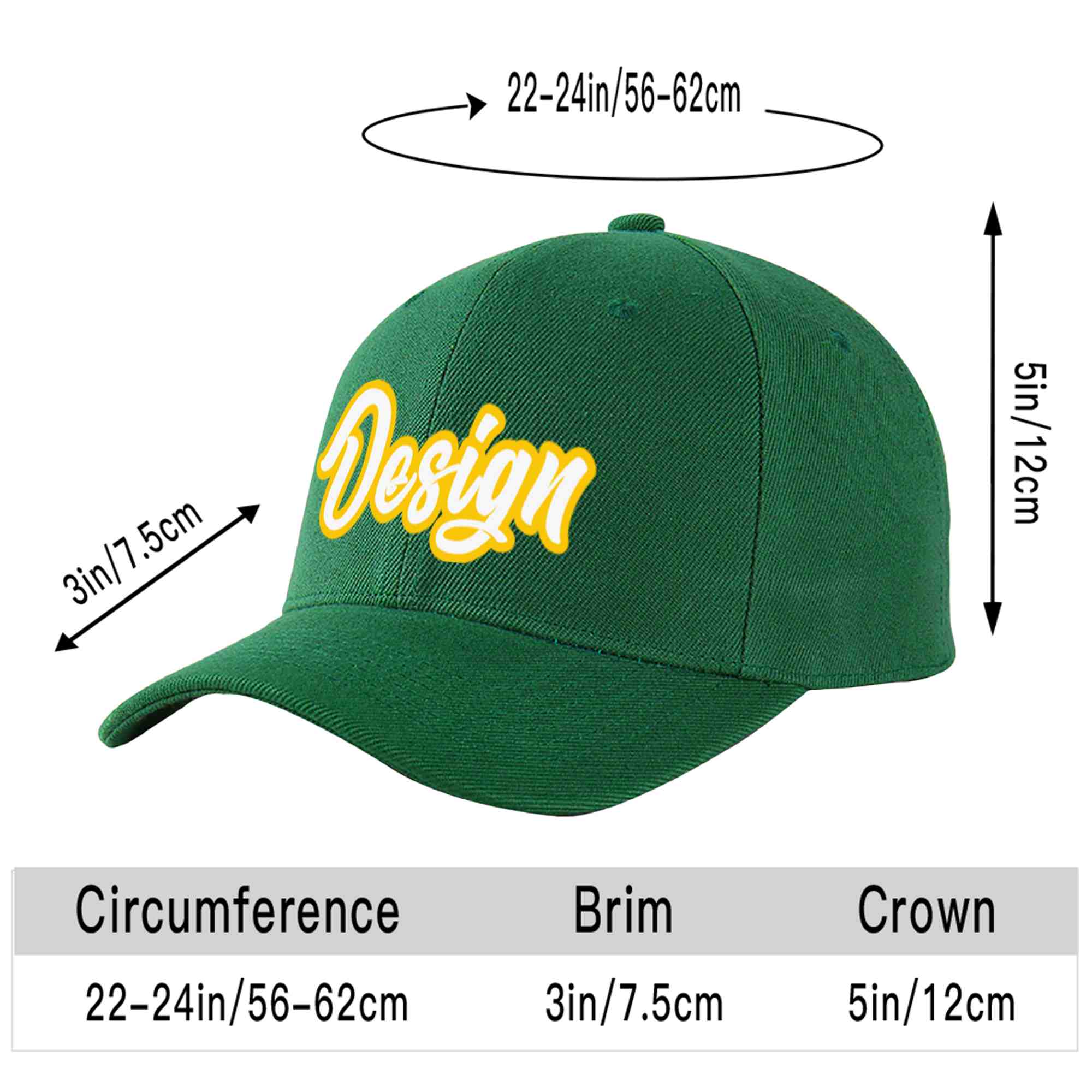 Custom Green White-Gold Curved Eaves Sport Design Baseball Cap