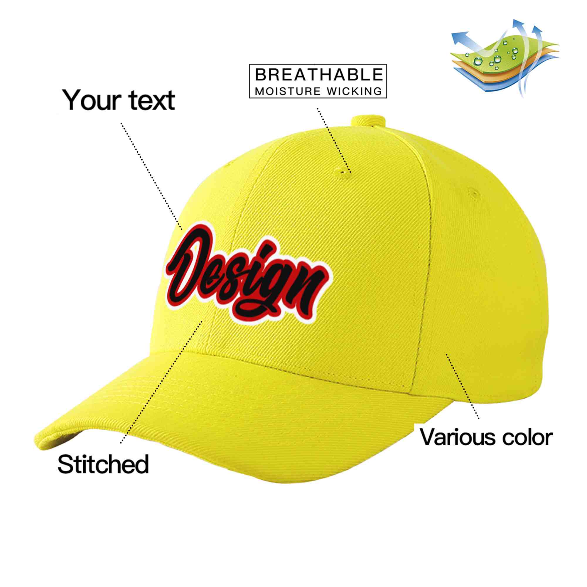 Casquette de baseball personnalisée jaune noir-rouge avec avant-toit incurvé