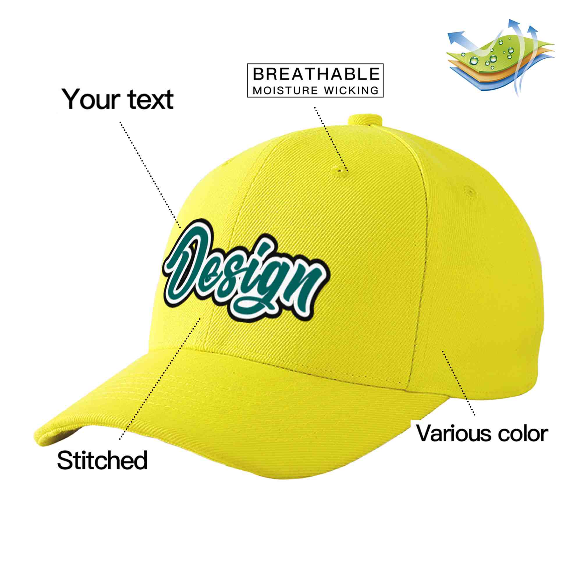 Casquette de baseball personnalisée jaune aqua-blanc courbée Eaves Sport Design