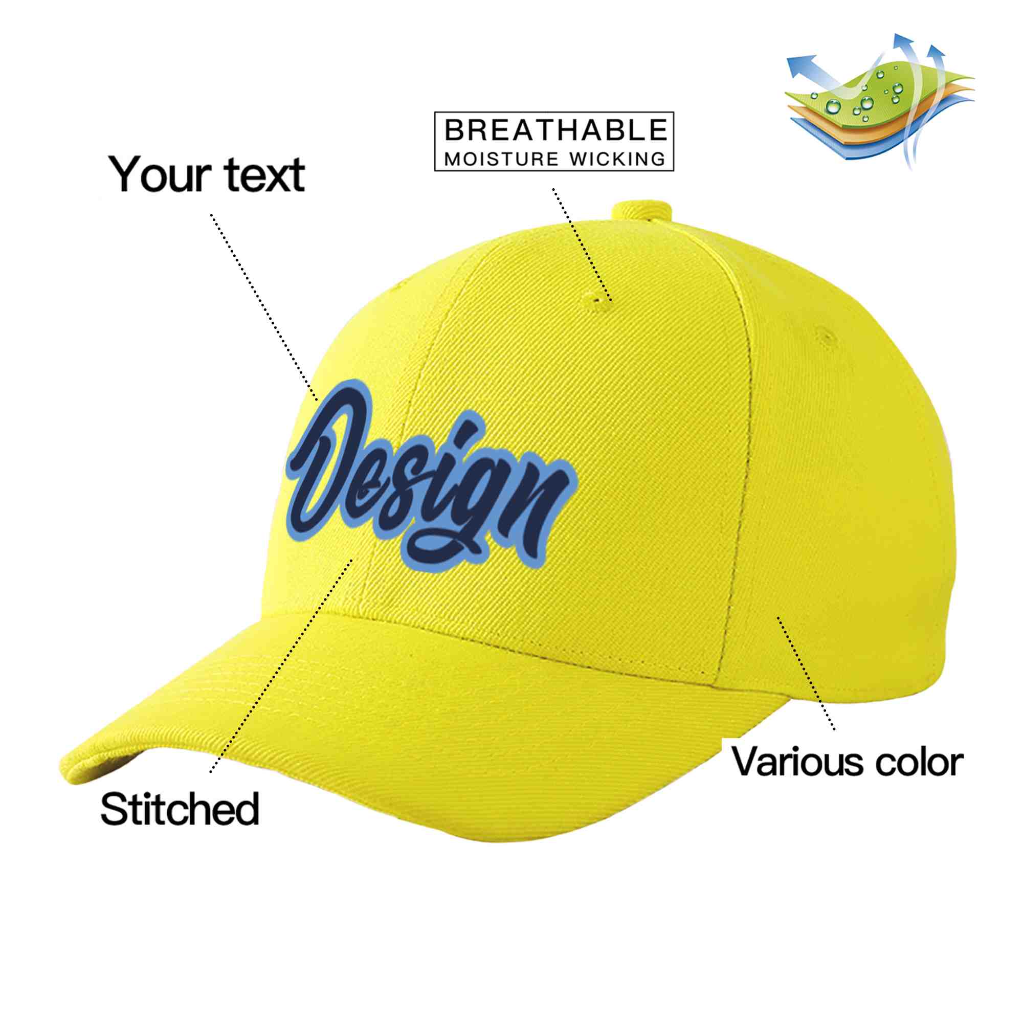 Custom Yellow Navy-Light Blue Curved Eaves Sport Design Baseball Cap