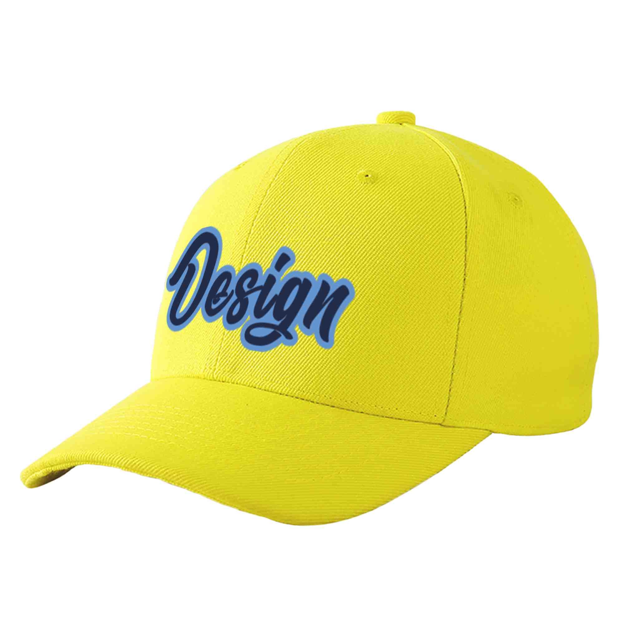 Custom Yellow Navy-Light Blue Curved Eaves Sport Design Baseball Cap