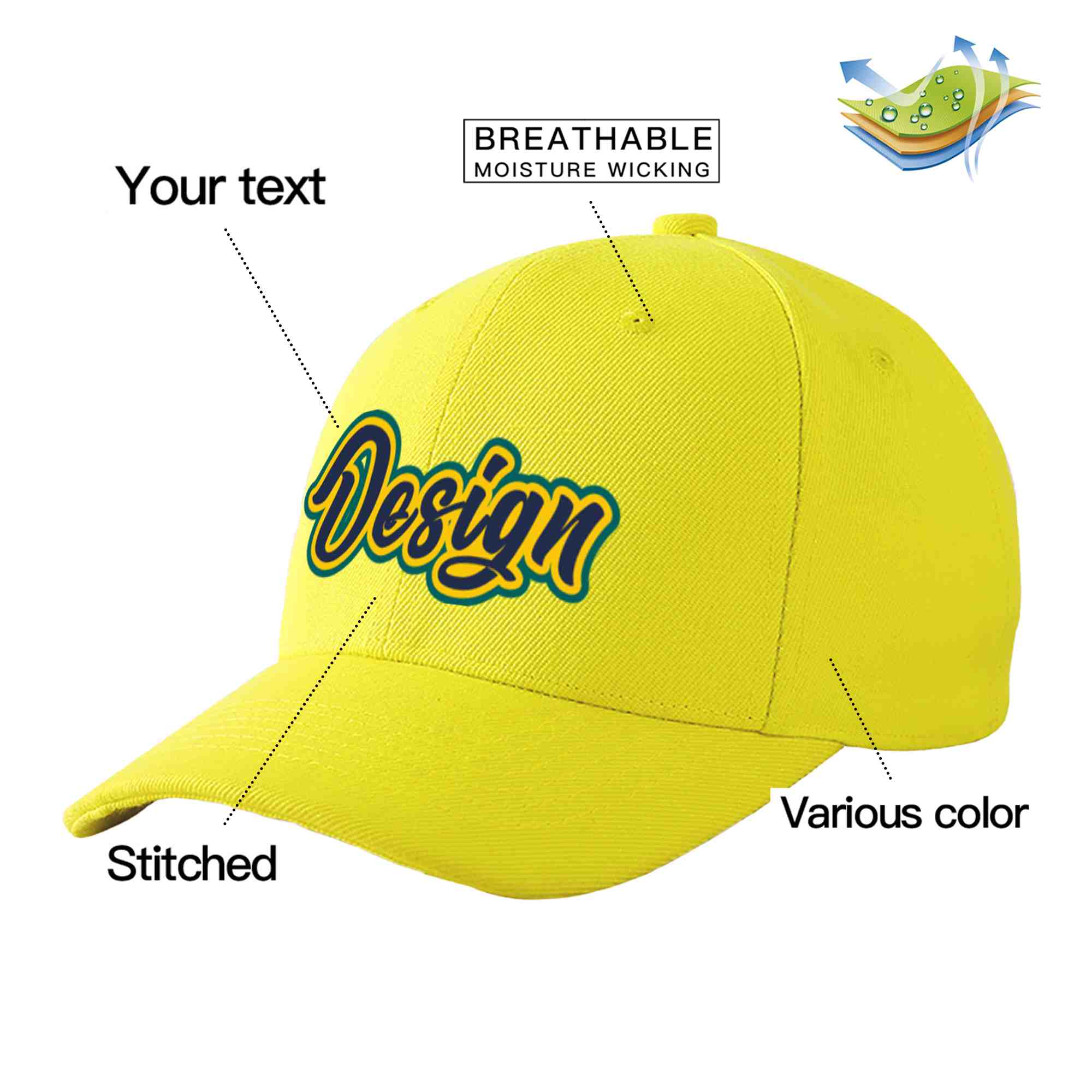 Custom Yellow Navy-Gold Curved Eaves Sport Design Baseball Cap