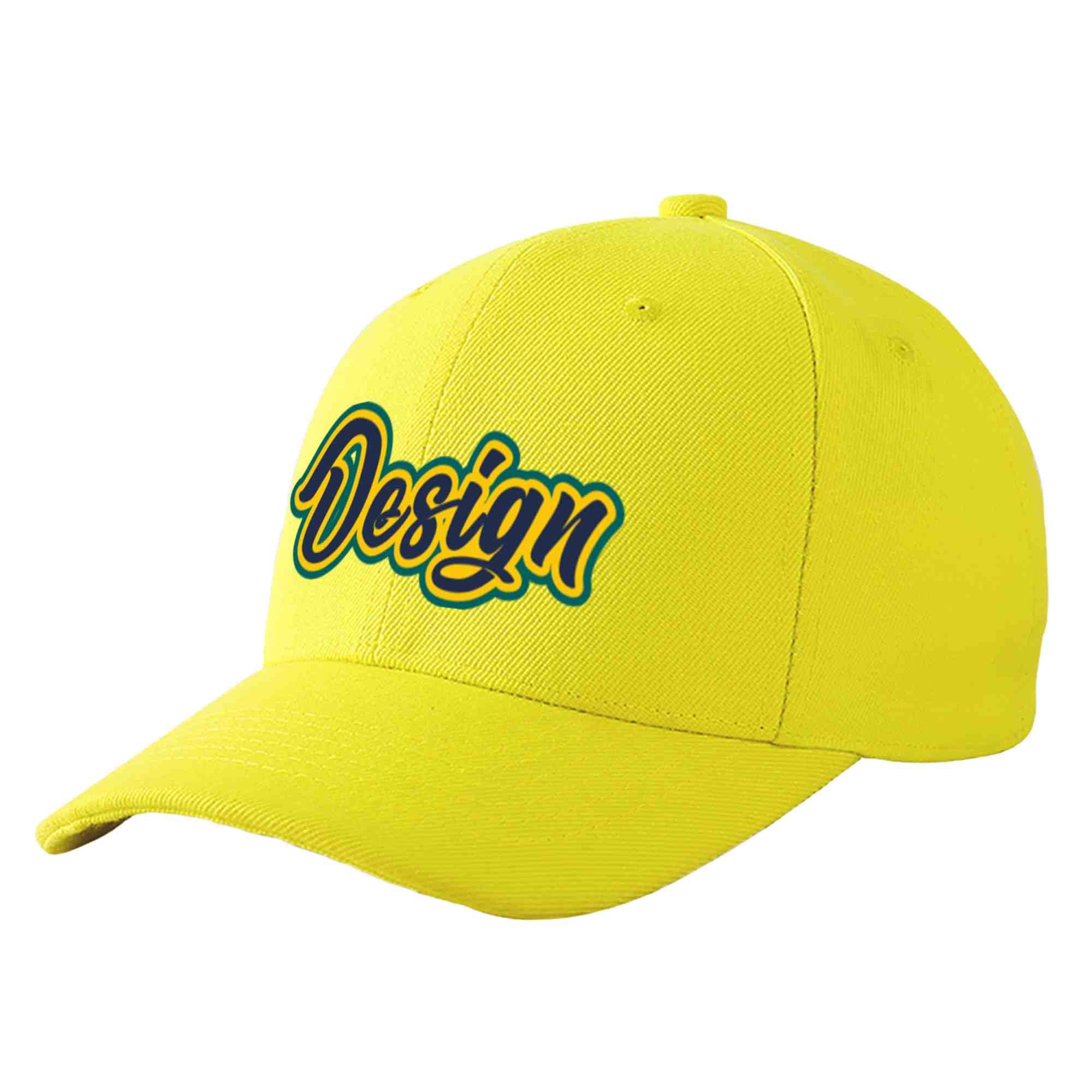 Custom Yellow Navy-Gold Curved Eaves Sport Design Baseball Cap