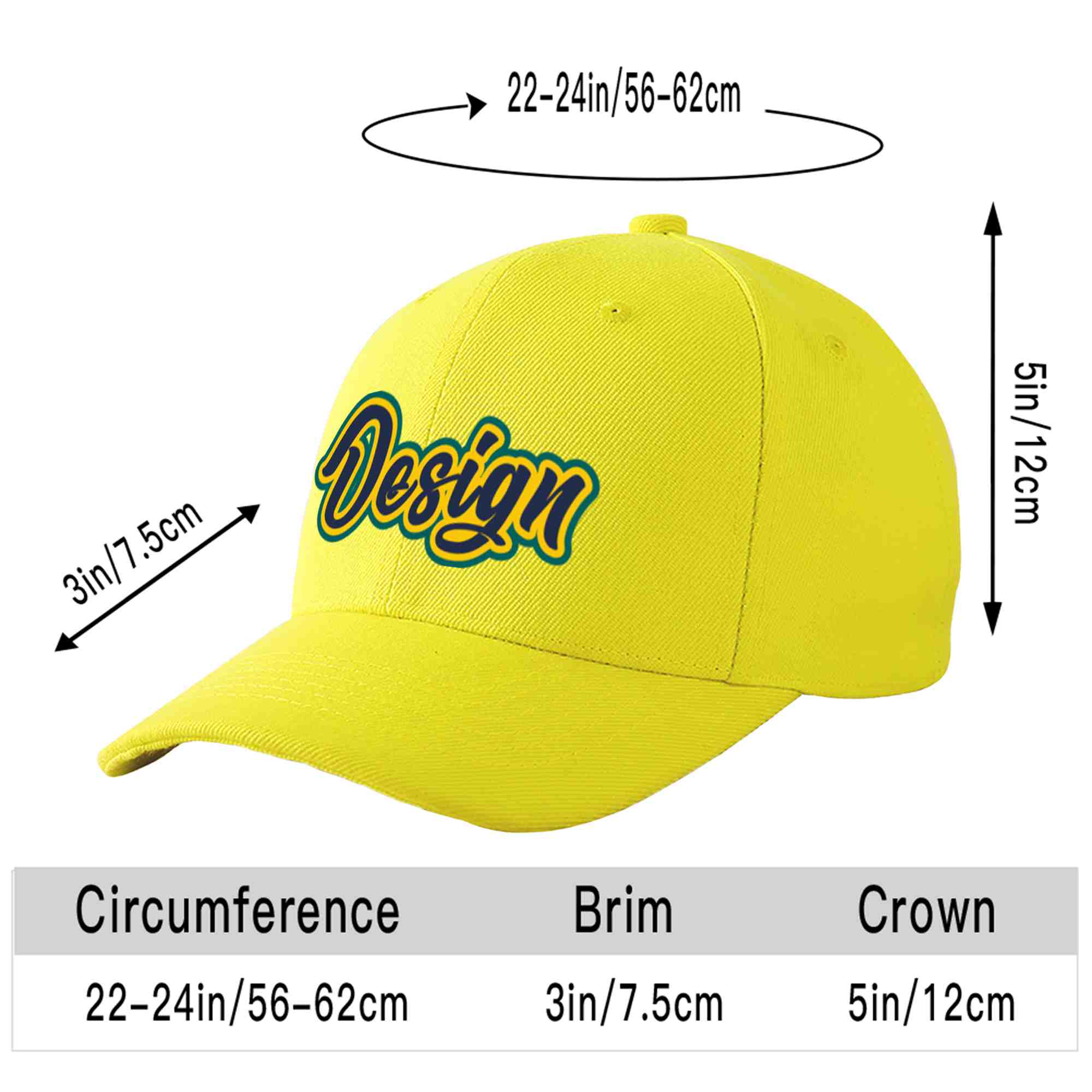 Custom Yellow Navy-Gold Curved Eaves Sport Design Baseball Cap