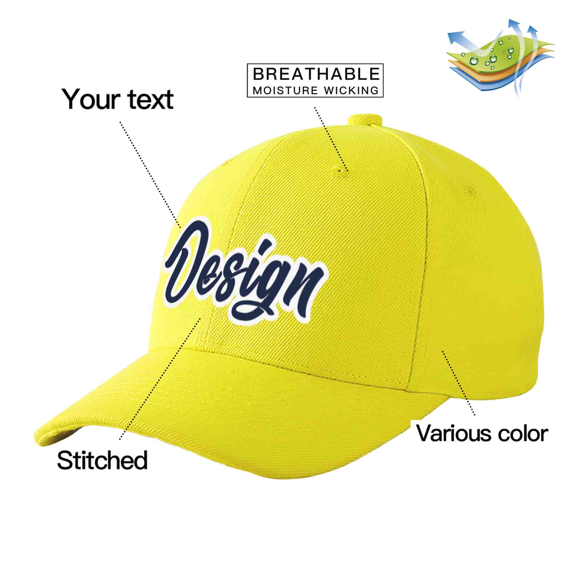 Custom Yellow Navy-White Curved Eaves Sport Design Baseball Cap