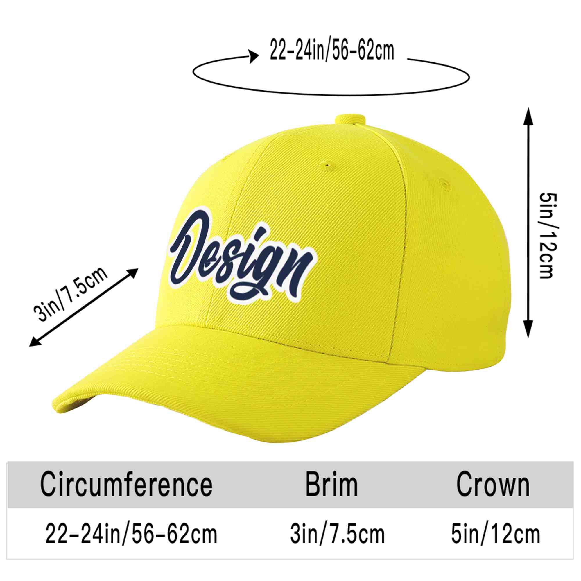 Casquette de baseball personnalisée jaune marine-blanc avec avant-toit incurvé