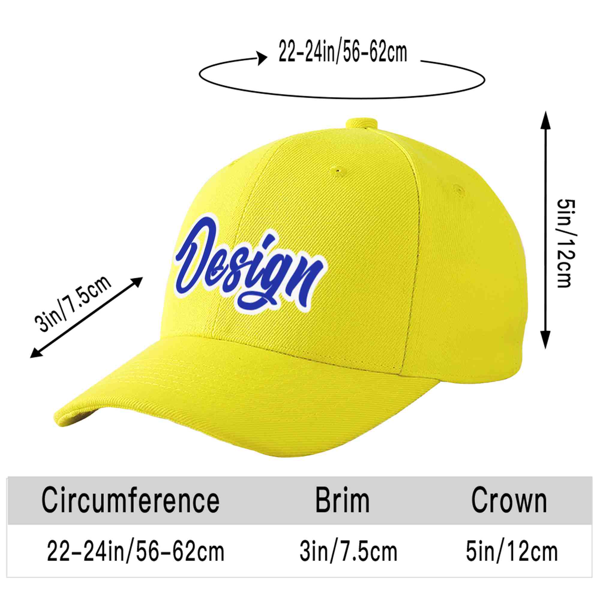 Custom Yellow Royal-White Curved Eaves Sport Design Baseball Cap