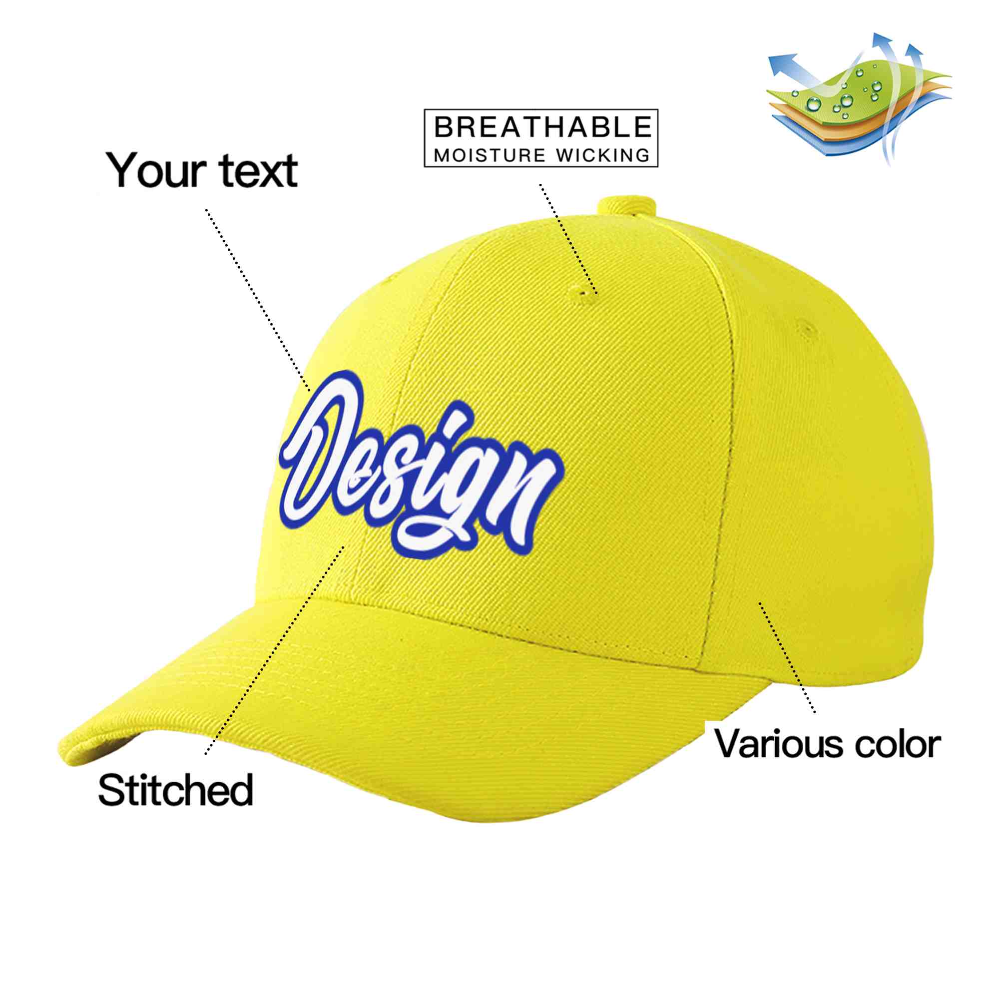 Casquette de baseball personnalisée jaune blanc-royal incurvée Eaves Sport Design