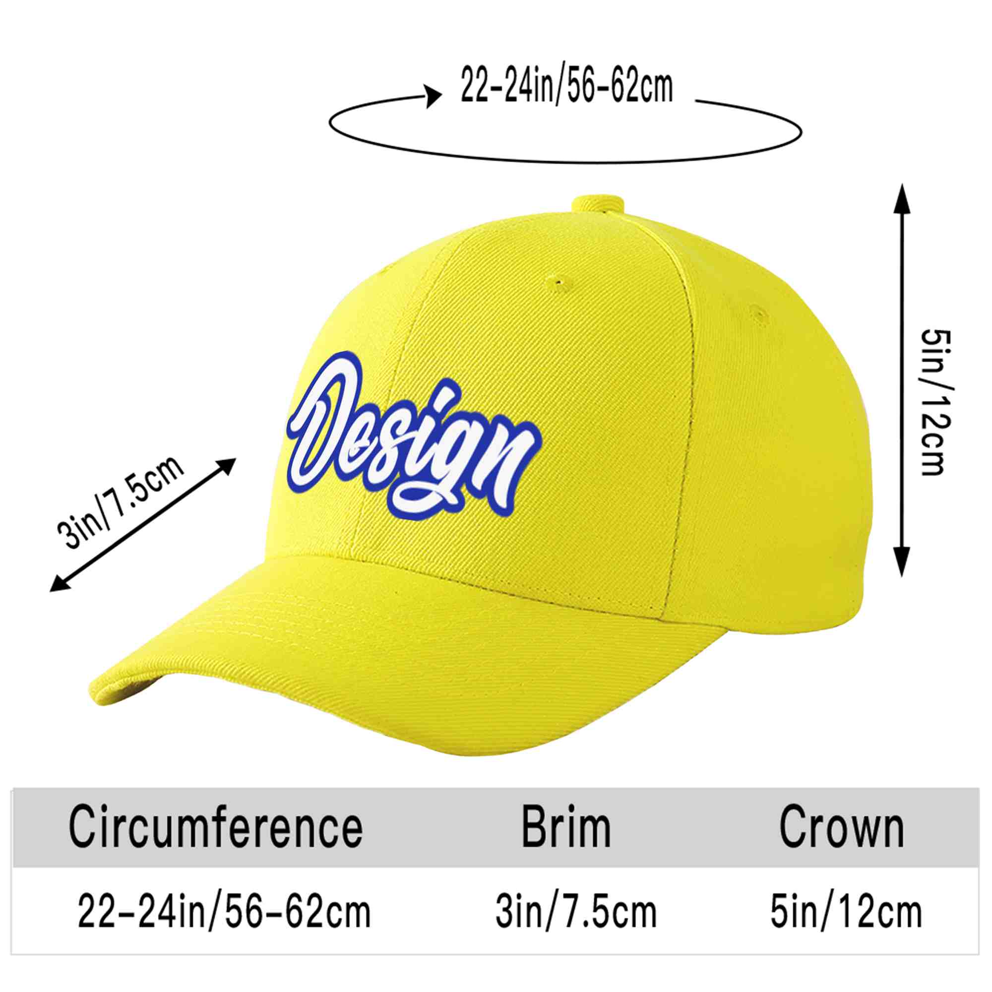 Custom Yellow White-Royal Curved Eaves Sport Design Baseball Cap