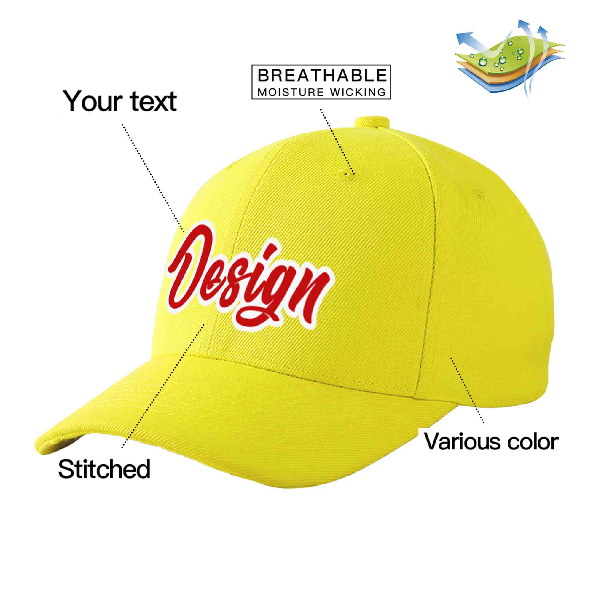 Casquette de baseball personnalisée jaune rouge-blanc avec avant-toit incurvé