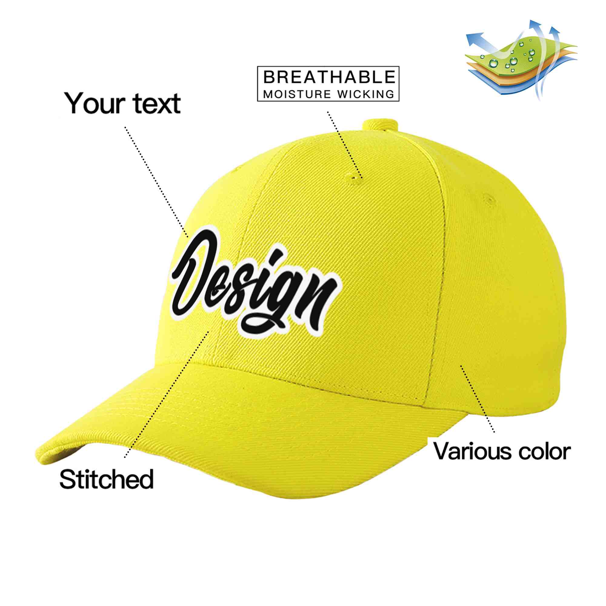 Custom Yellow Black-White Curved Eaves Sport Design Baseball Cap